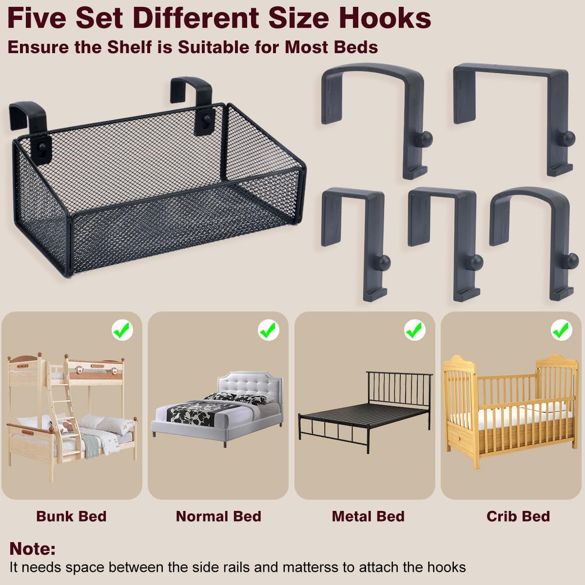 Bedside Shelf Bunk Bed Organizer Shelf Hanging Storage Metal Basket Phone Holder for Bedroom,Dorm,Office - Easy Use for Both Adult and Kids (White) - Image 3