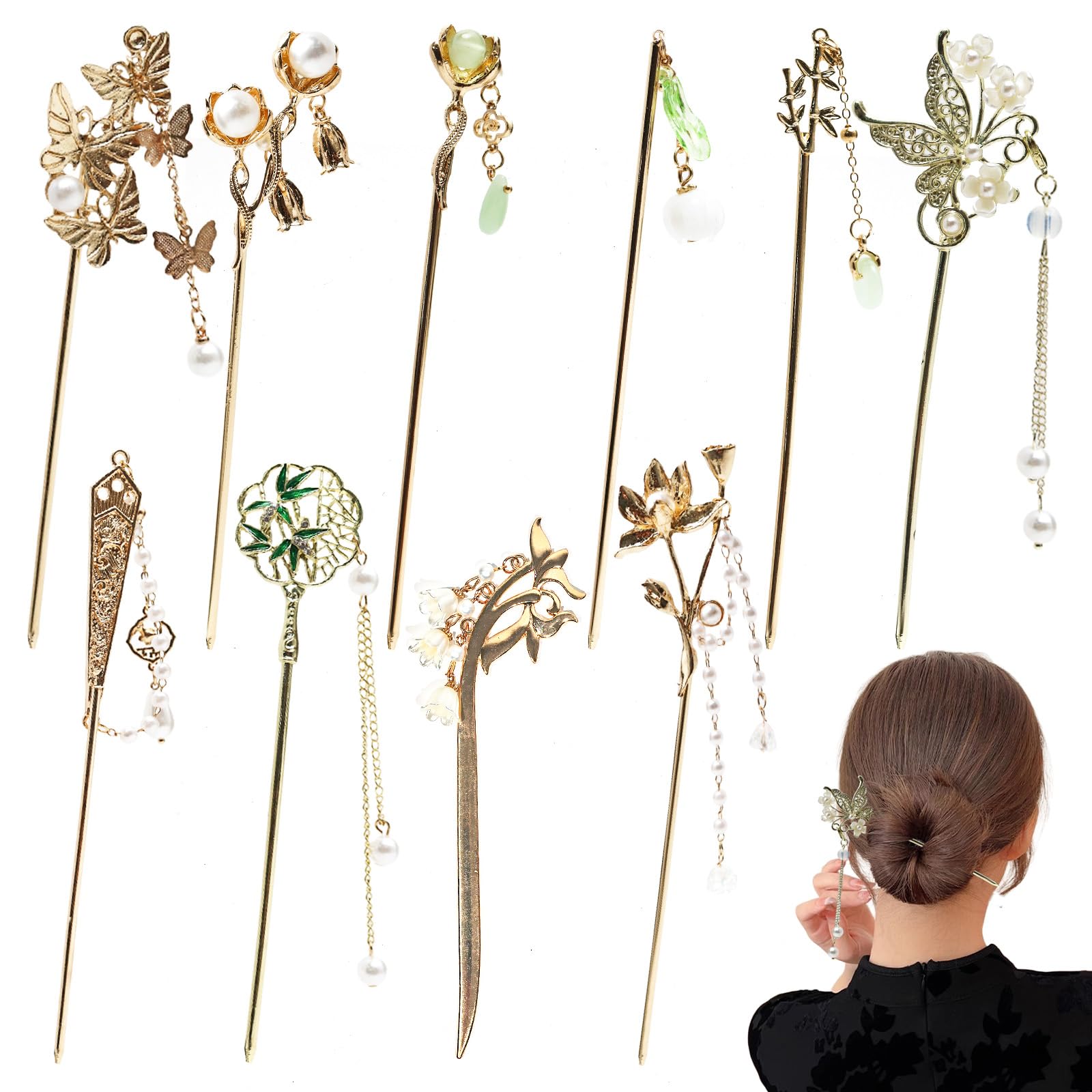 10Pcs Gold Vintage Hair Sticks Pins Metal Long Hairpins with Butterfly Flower Pearls Beads Jade Tassel Pendant Asian Chinese Hanfu Hair Chopsticks Hair Bun Updo Holders Hair Accessories for Women