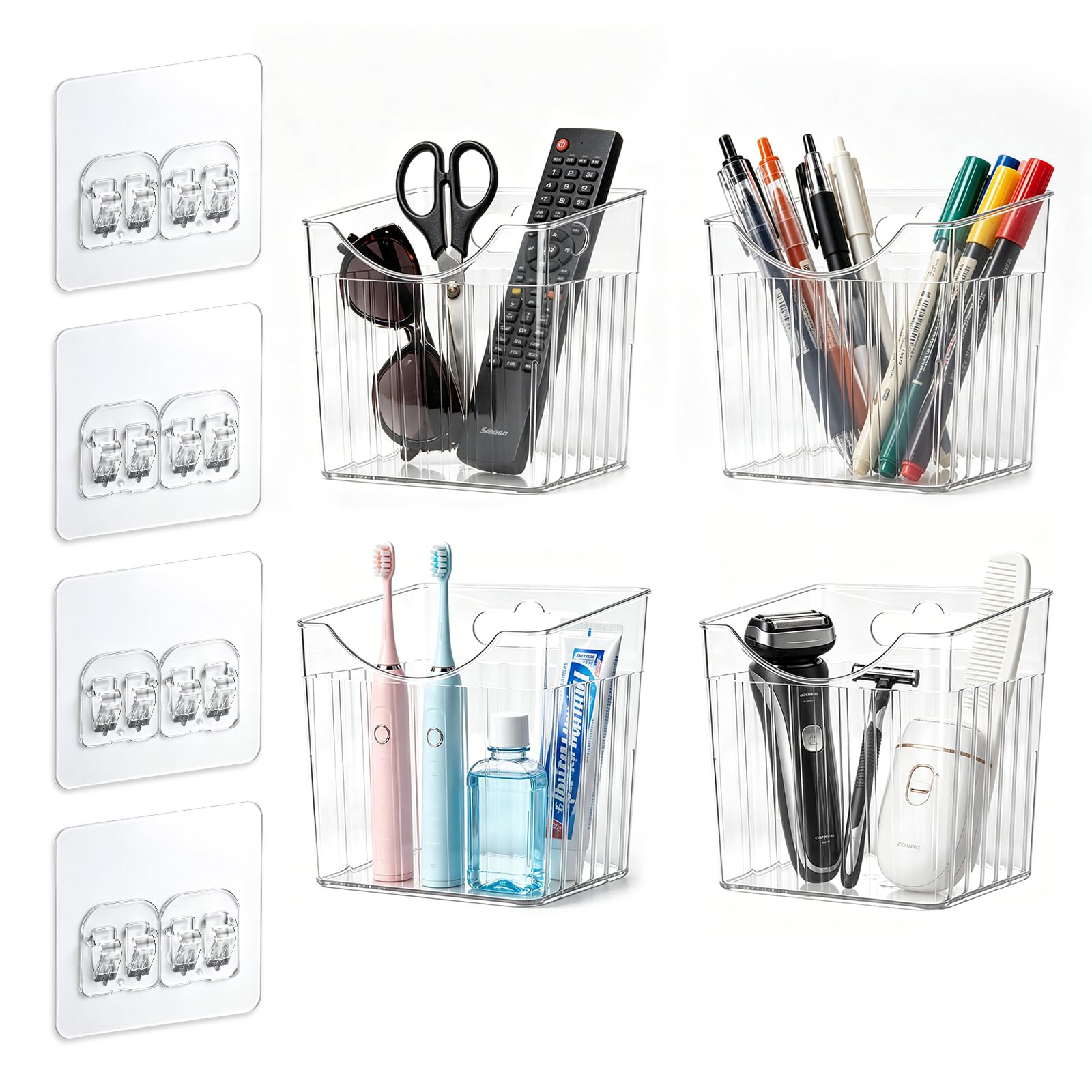 komforbaa 4 Pack Clear Plastic Wall Organizer Bins, Adhesive Stackable Wall Mount Storage Box, Cabinet Door Organizer for Bathroom Kitchen Pantry Dorm Office