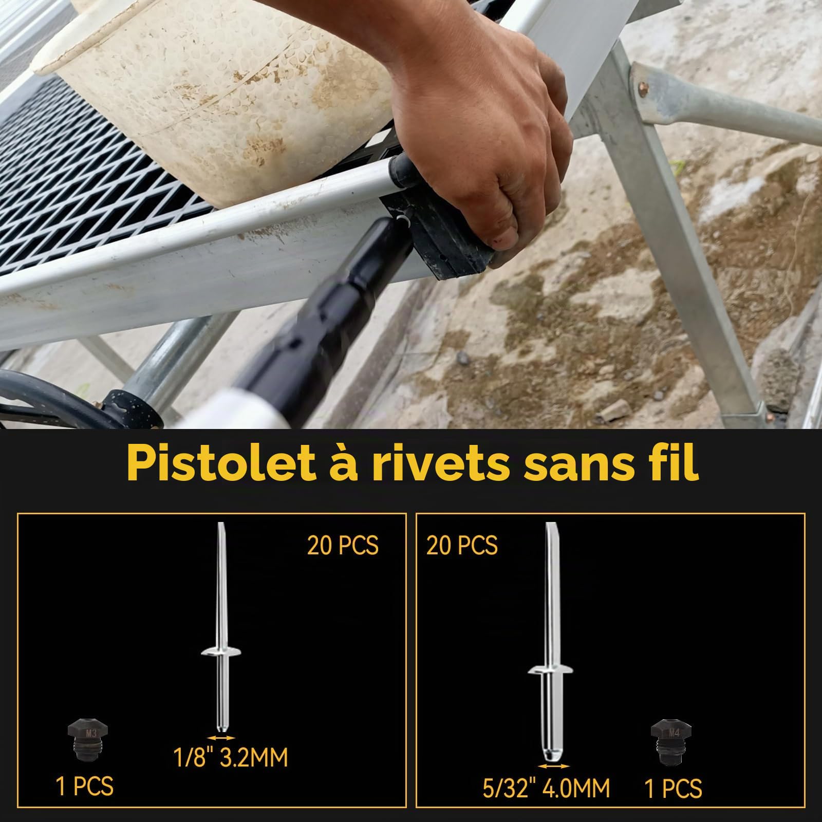 Pistolet à Riveter Sans Fil compatible avec Dewalt Batterie 18V (sans batterie), Riveteuse à Batterie Automatiques avec 40 Rivets pour 1/8" et 5/32" pour Métal, Plastique et Cuir