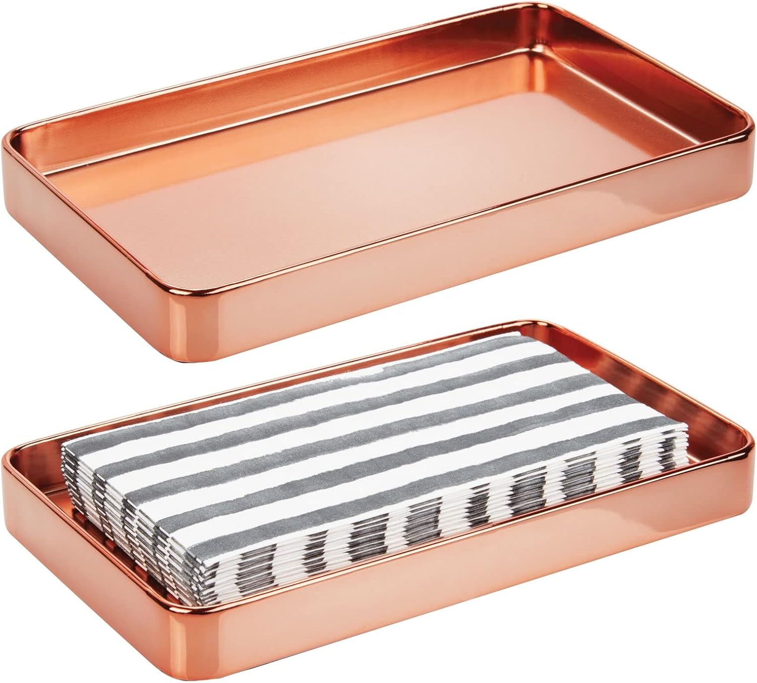 mDesign Modern Decorative Metal Guest Hand Towel Tray Holder Organizer for Disposable Paper Napkins, Jewelry, Makeup - Bathroom Vanity Sink Counter Organization - Unity Collection - 2 Pack - Rose Gold