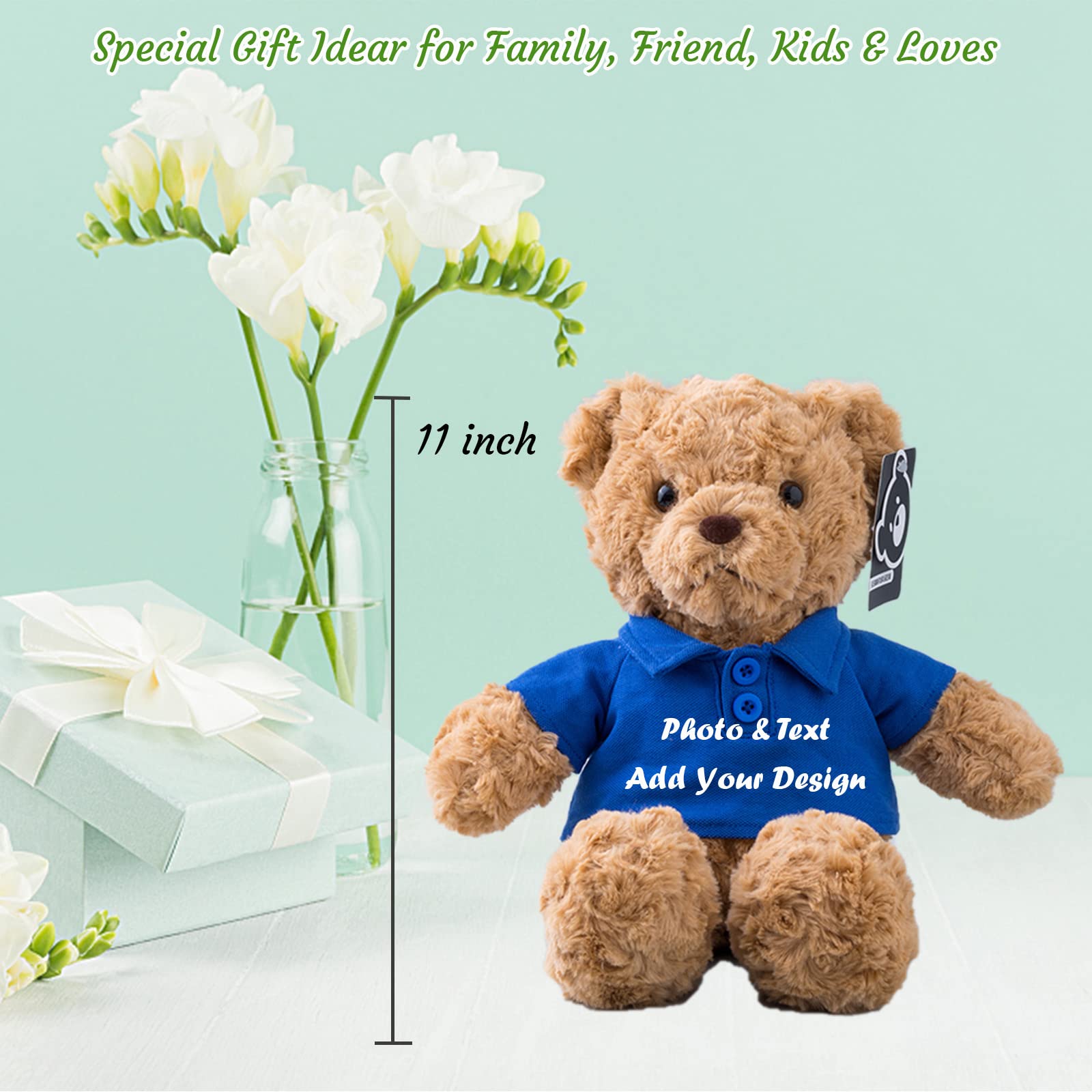 Custom Text Personalized Teddy Bear - 11 Inch Black Plush Stuffed Animal With Photo & Text For Birthdays, Valentine's, Christmas