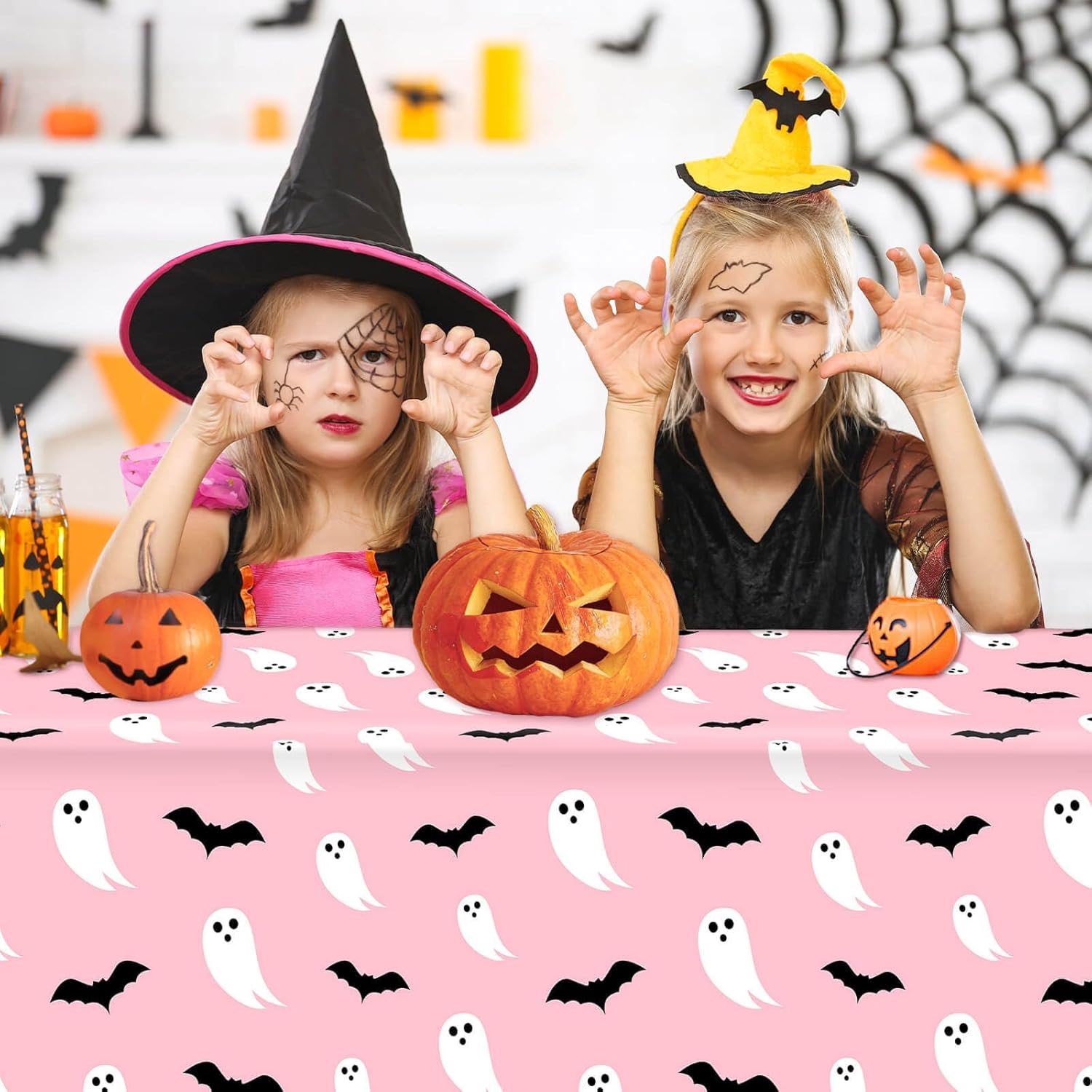 3PCS Pink Halloween Cute Ghosts Bats Plastic Waterproof Tablecloths Disposable Rectangular Table Cloths 54x108IN for Kids Girls Dining Table Decorations