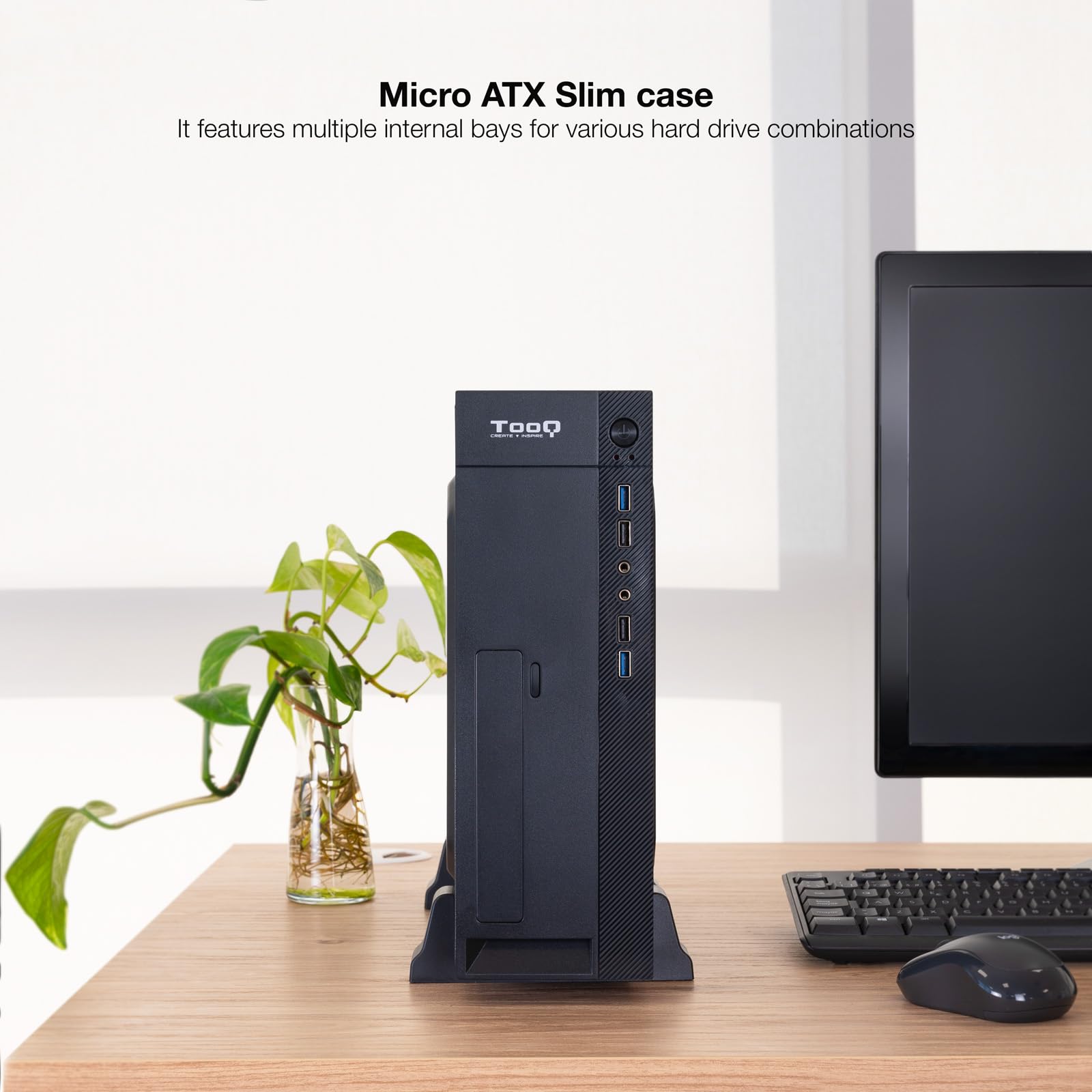 TOOQ TQC-3008U3C - Caja Slim Micro-ATX/Mini-ITX, Lector de Tarjetas SD/TF, Incluye Fuente de Alimentación Micro-ATX/SFX 500W, Color Negro