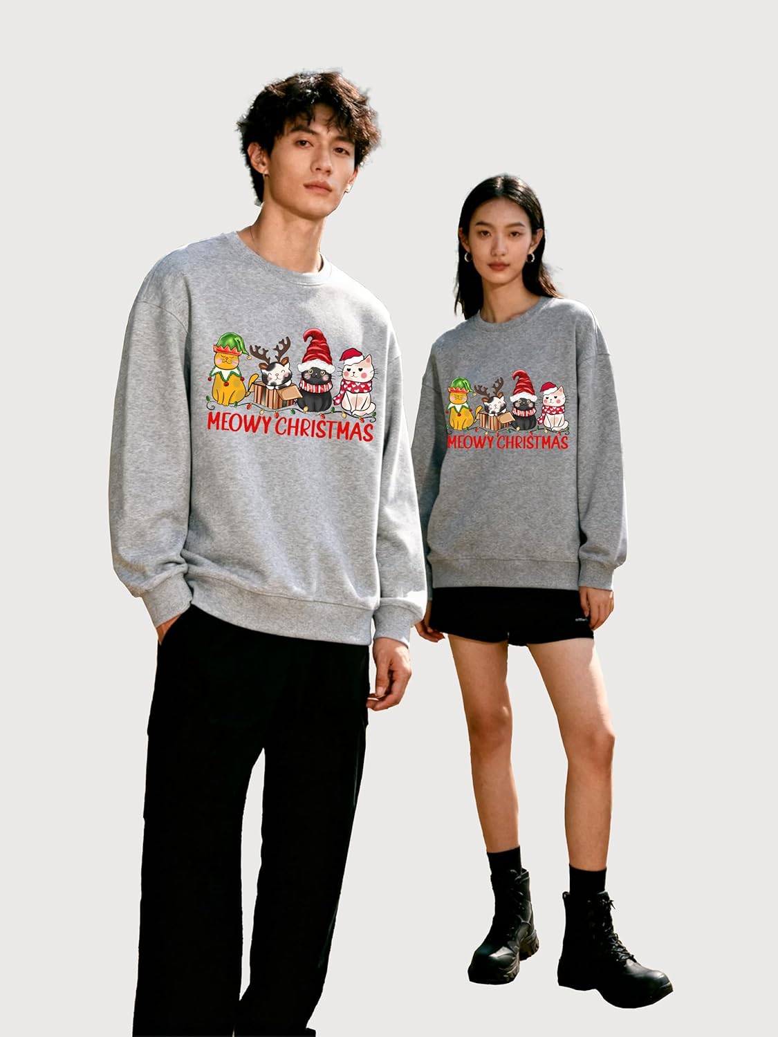 Meowy Christmas Cat Sweatshirt Hoodie Meowy Christmas Sweatshirt Women Cute Cat Lights Holiday Top - Image 2