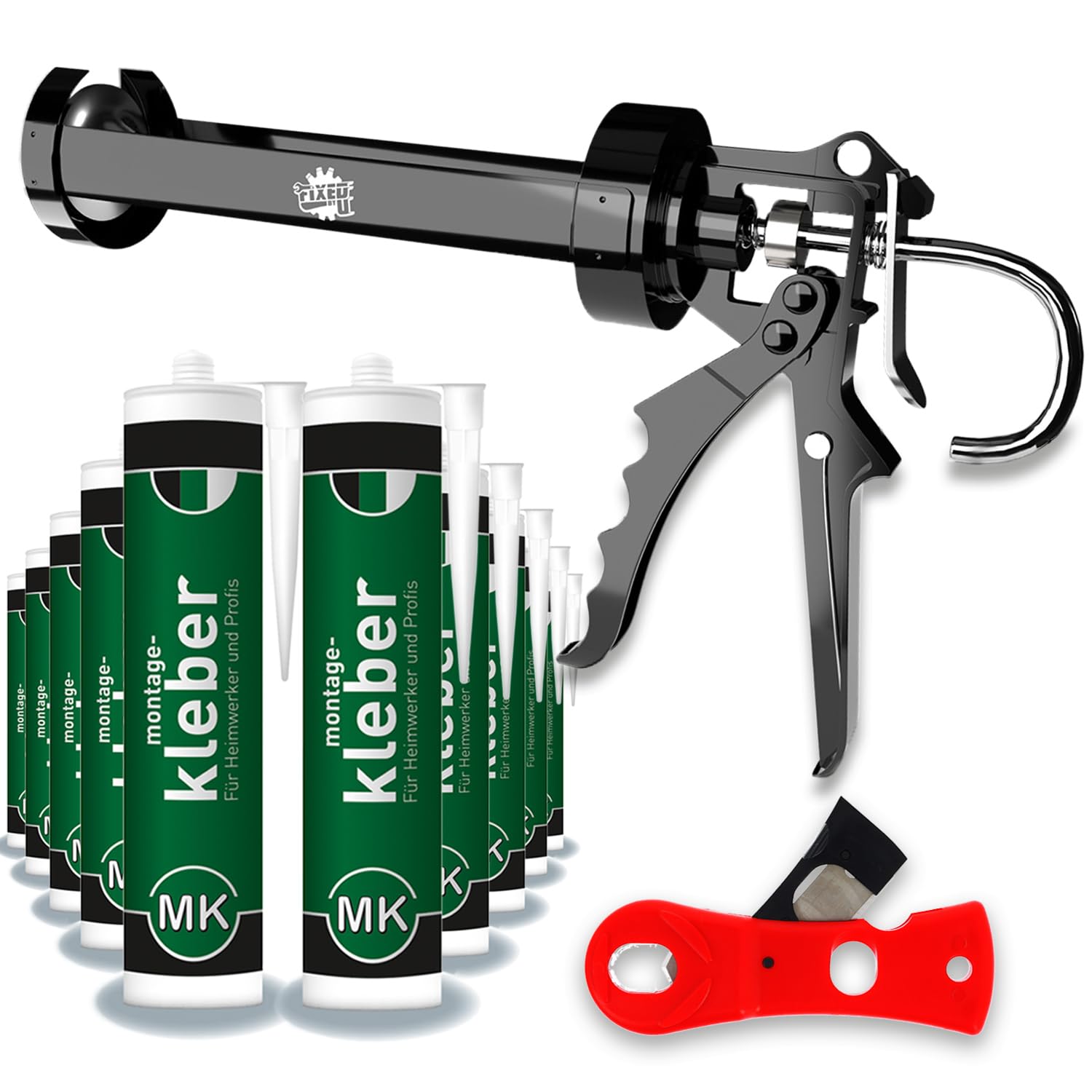 Montagekleber-Set mit 10x 300ml Kartusche, Kartuschenpresse mit 18:1 Übersetzung aus Metall, 2in1 Kartuschenschneider, vielseitig einsetzbar im Innen-Bereich für Metall, Holz, Styropor