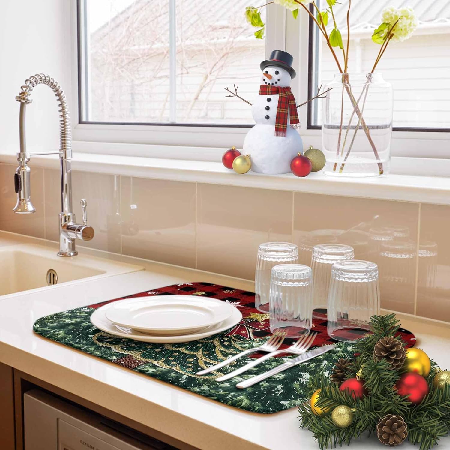 Merry Christmas Words on Red Black Plaid Dish Drying Mats for Kitchen Counter,Absorbent Microfiber Dish Drainer Rack Mat Xmas Trees Drying Pad for Sinks,Utensils,Countertops,18x24in