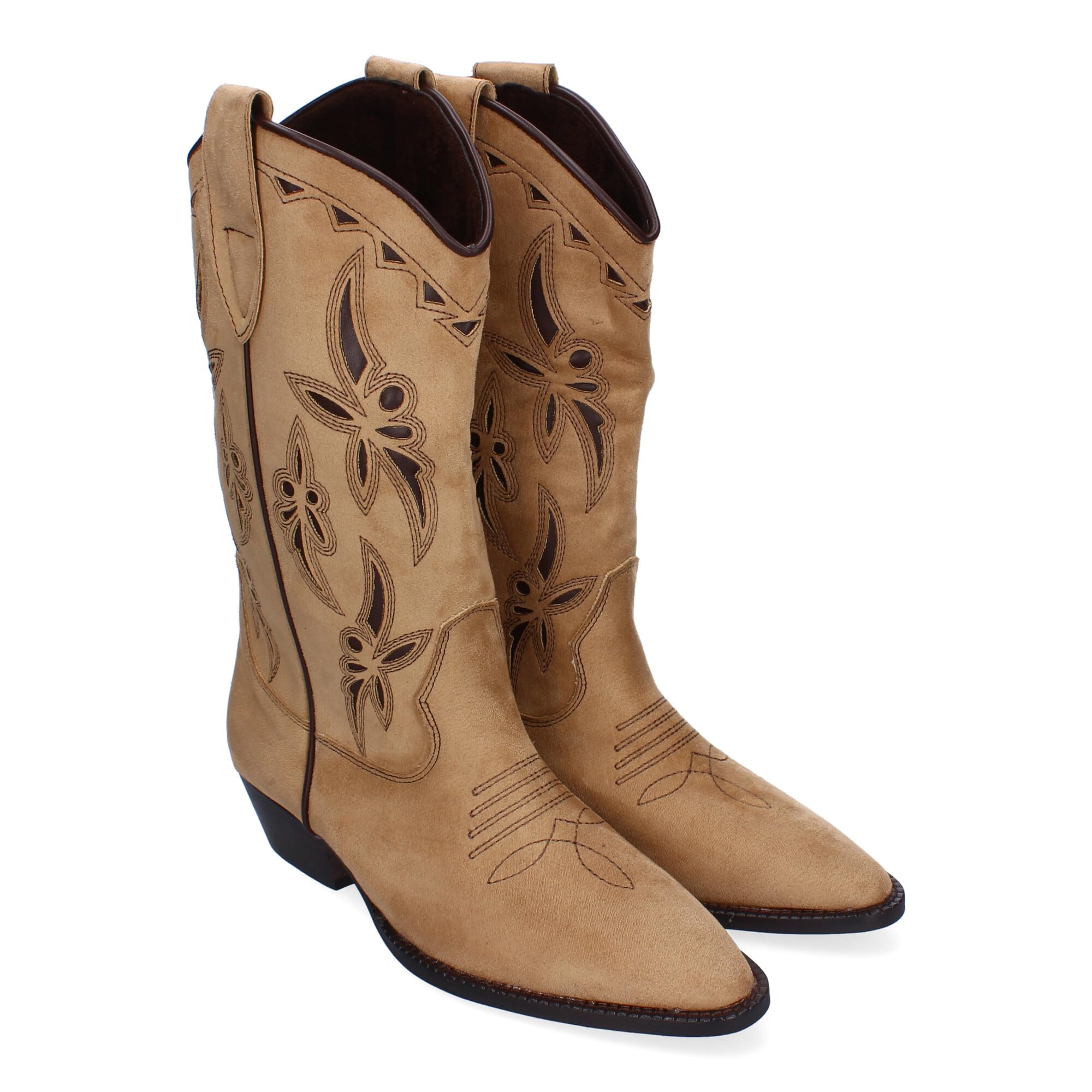 Botas de Mujer Elegantes con Tacon Campero y Adornos Bordados, Cierre Lateral con Cremallera, Puntera Fina