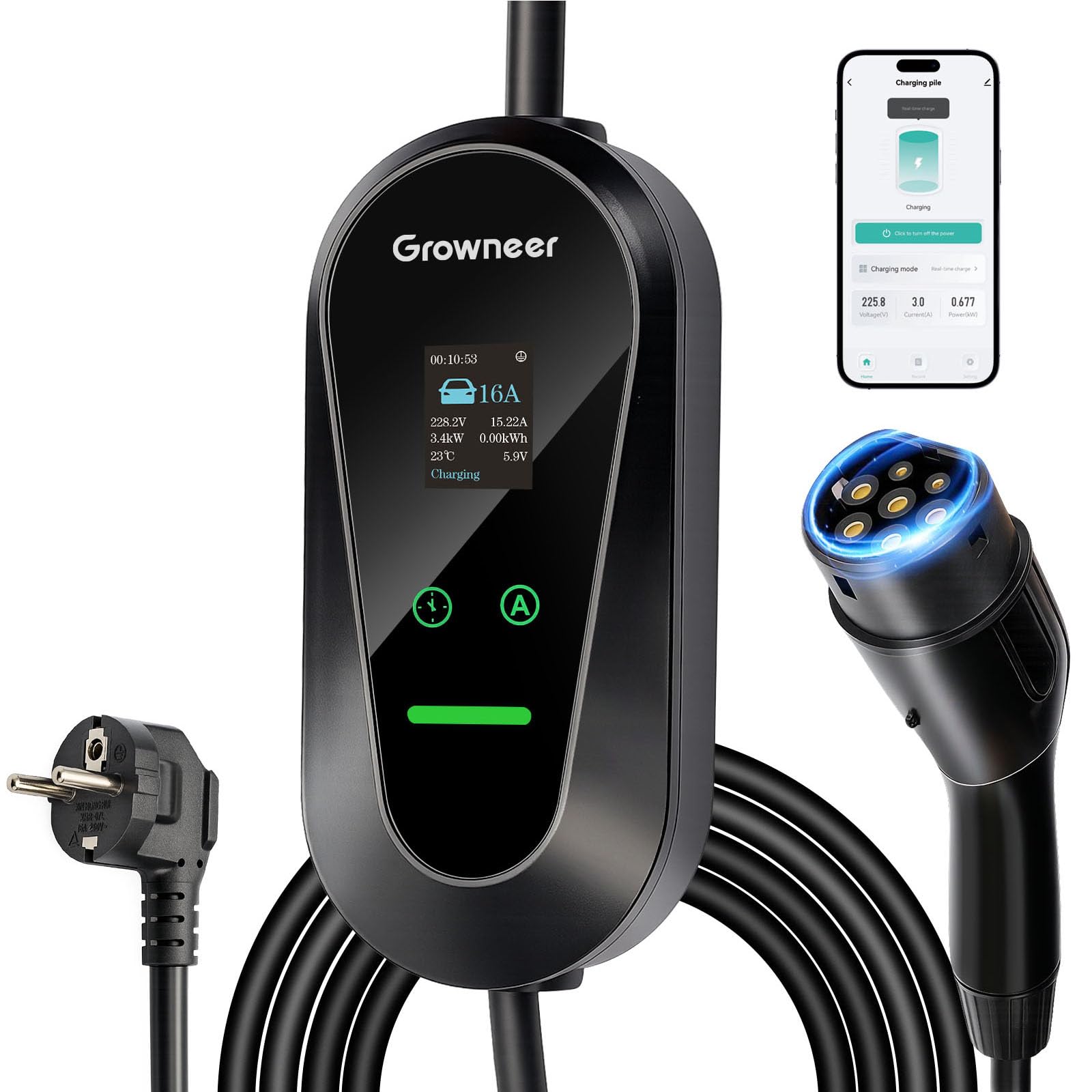 EV-Ladegerät, 3-poliger Stecker, 7 m (23 ft) Typ-2-Ladekabel, Wallbox 11 kW, [6/8/10/12/16 A] Ladekabel für Elektroautos, IP66, erweiterter Schutz, geeignet für Elektro- und Plug-in-Hybridfahrzeuge