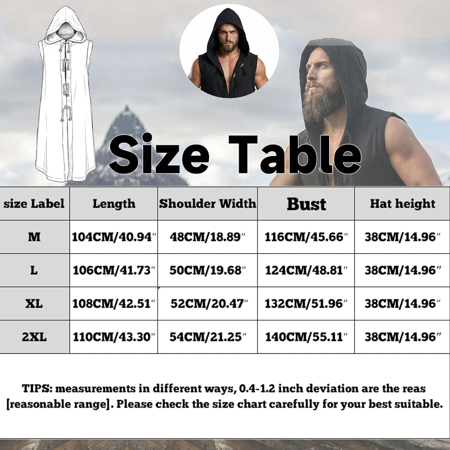 Men’s Medieval Costume Viking Vest Renaissance Sleeveless Tabard Tunic Hooded Cotton Surcoat Wooden Buttons LARP Cosplay
