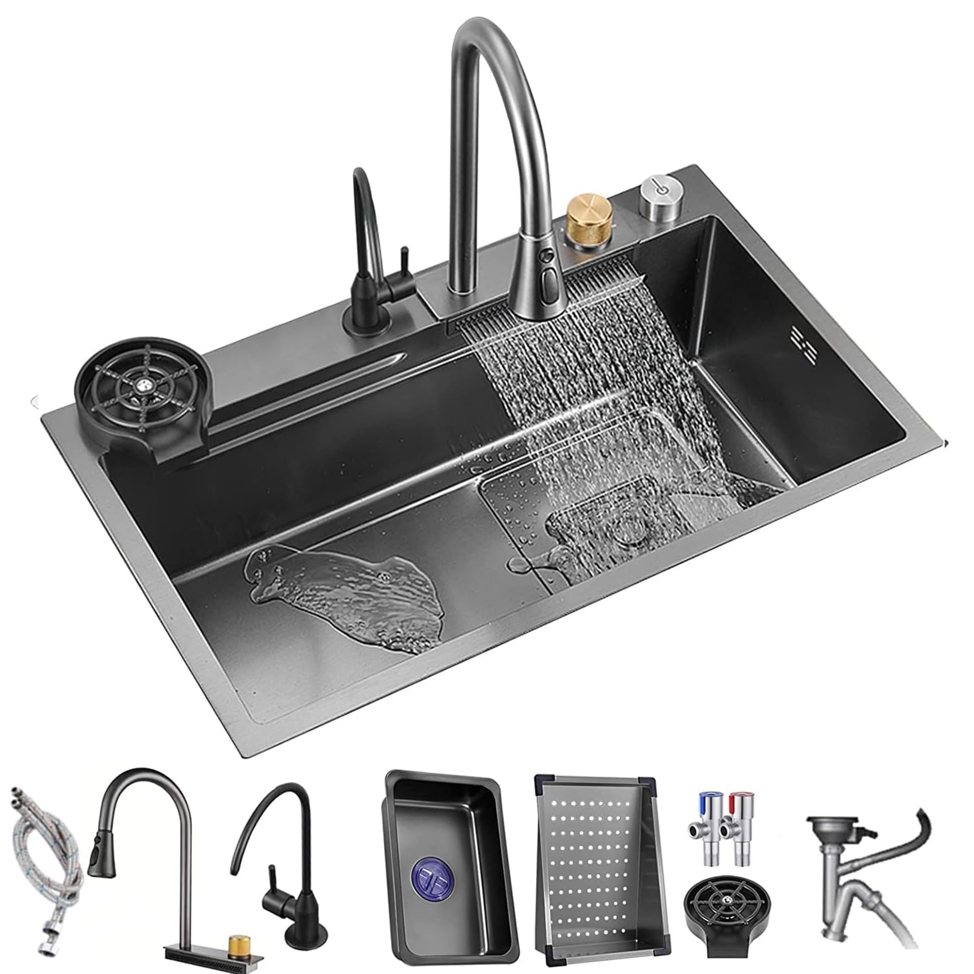 Évier de cuisine à cascade JATIBOSH en acier inoxydable noir 75x45 cm avec lave-gobelet