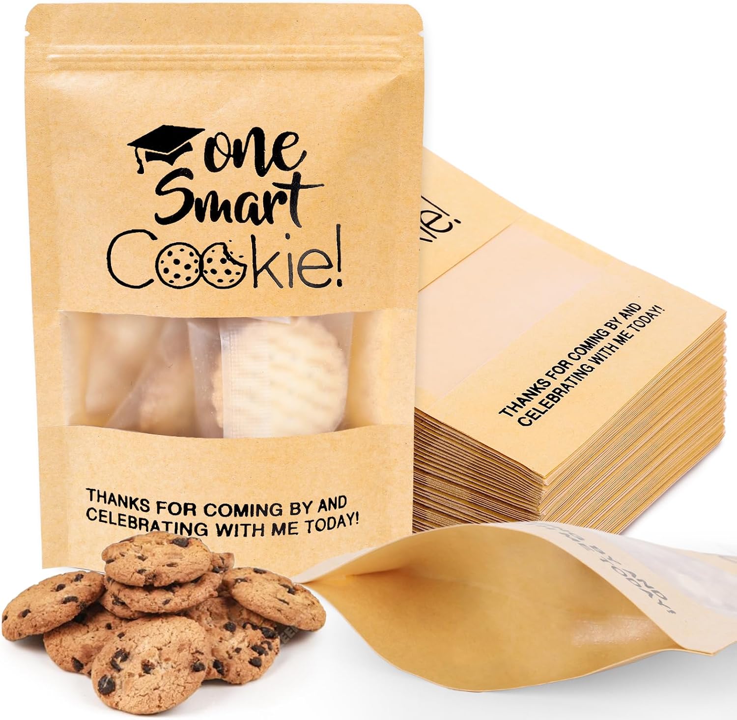 Whaline 50 Pcs Graduation Candy Gift Bags Mini One Smart Cookie Kraft Paper Zip Resealable Bags Small Congrats Grad Brown Stand Up Pouches with Window for Class of 2026 Party Decoration Supplies