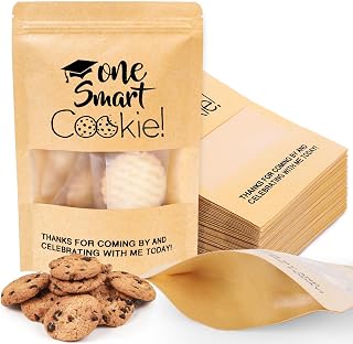 50Pcs Graduation Candy Cookie Gift Bags Mini One Smart Cookie Kraft Paper Self-Adhesive Resealable Bags Small Brown Stand Up Pouches with Window for Graduation Party Decoration Supplies