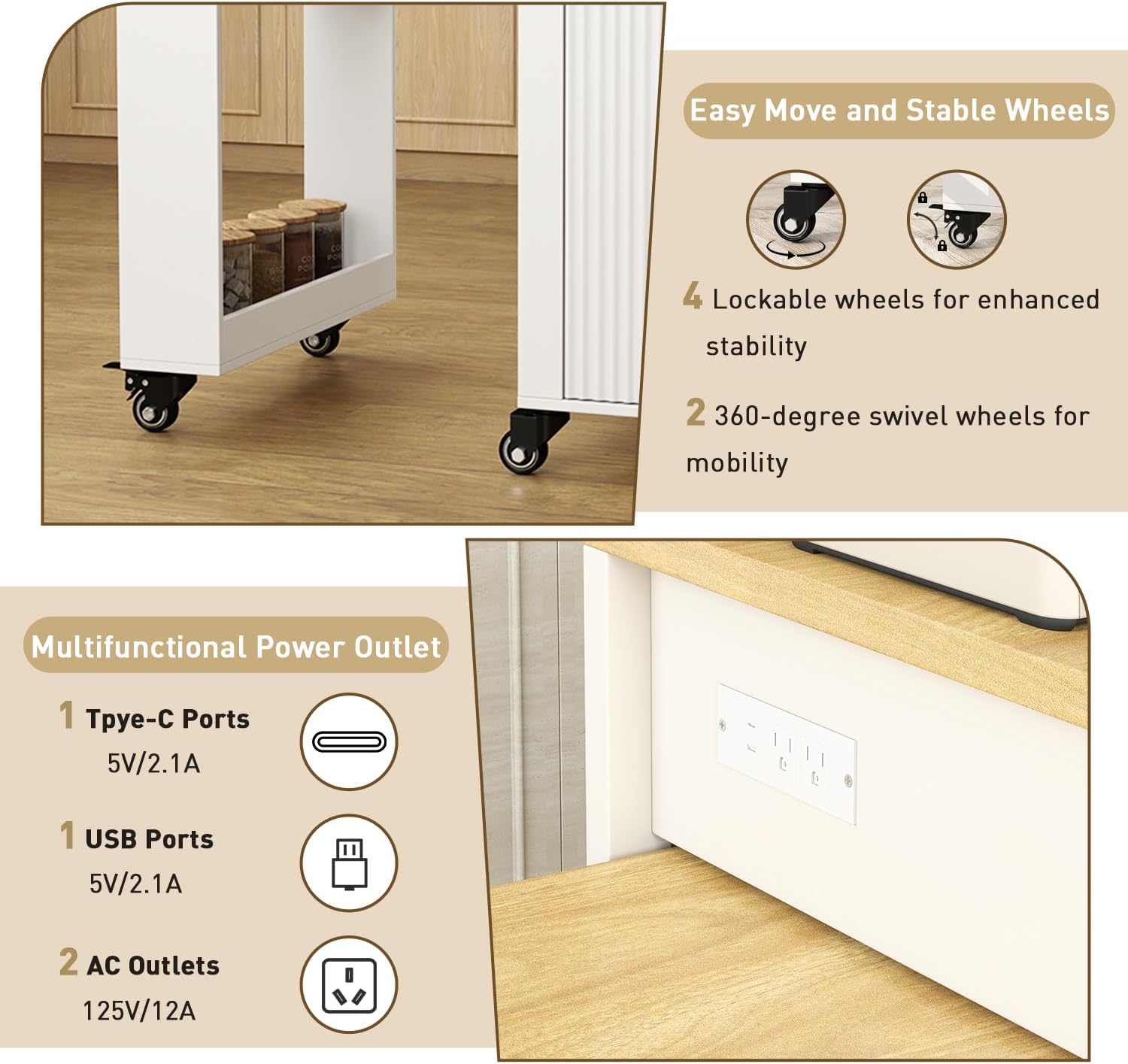 Rolling Kitchen Island with Extendable Dining Table, 75.8" Kitchen Cart on Wheels, Mobile Island Table with Storage Drawers, Open Side Shelf& Power Outlet for Kitchen, Dining Room (White)