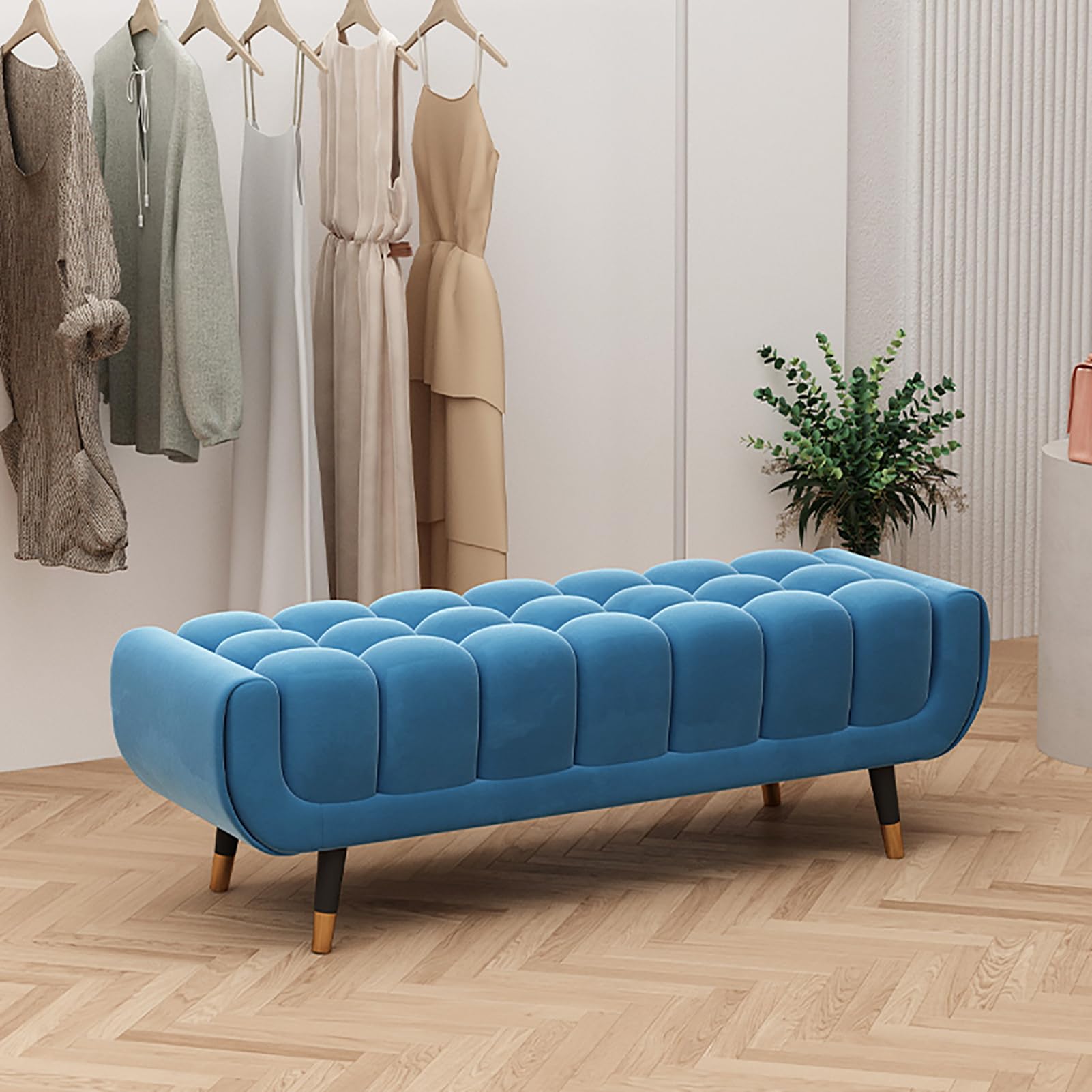 MSHGSKU Blue Velvet Entryway Shoe Bench Upholstered Modern Ottoman Tufted Footrest Stool for Living Room Bedroom & Hallway (31"x16"x16") Stylish Storage Solution