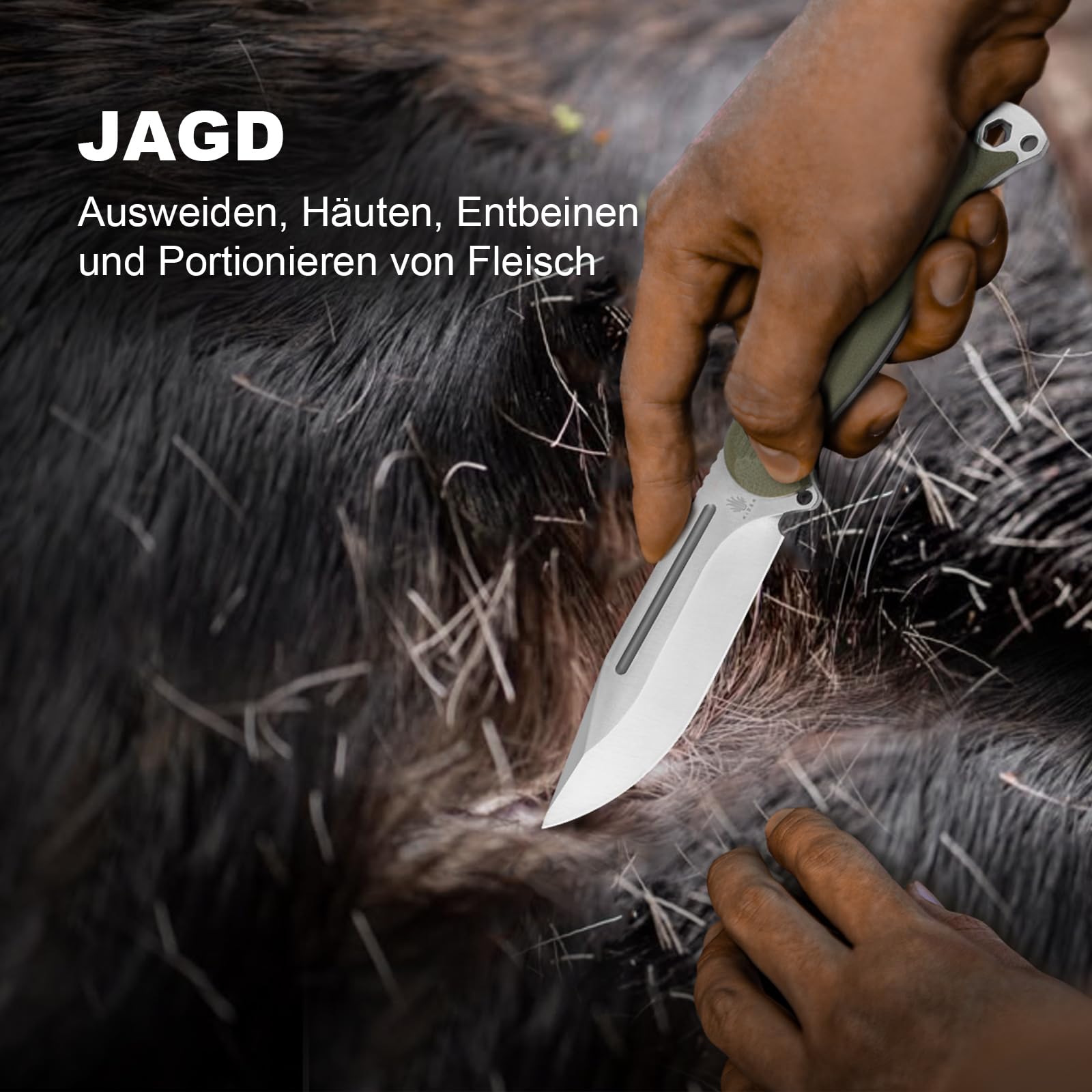 Kizer Ursa Major Survival Outdoor Messer mit Feststehende Klinge, 1082A2 | 11cm Clip Point AEB-L Klinge mit Ergonomischem Olivgrün G10 Griff, Bushcraft Messer mit Scheide & Hexagon Loch für Camping
