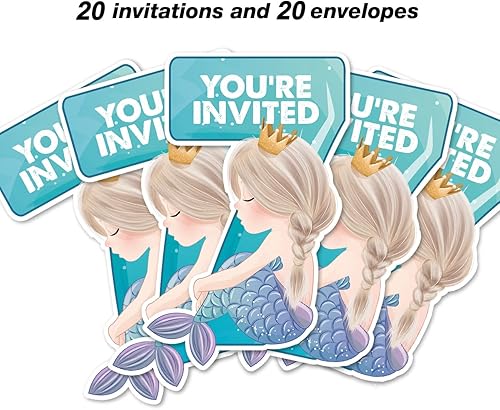 Miniatura 8 de Lindas invitaciones de sirena para primera fiesta con sobres, juego de 20 invitaciones mágicas en forma de sirena para primer cumpleaños,