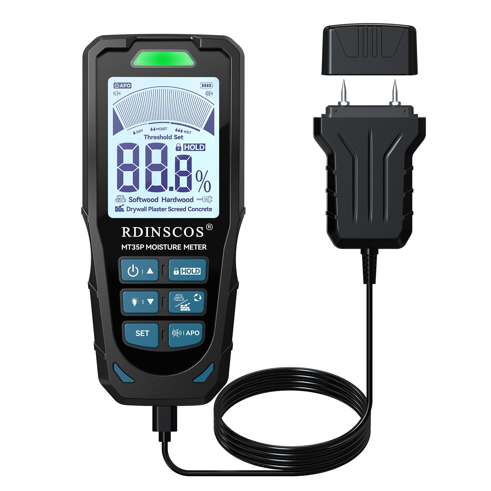 RDINSCOS Upgrade Pin and Pinless Wood Moisture Meter & Wall Damp Meter - Rechargeable Moisture Detector with Colour LCD Alert Measuring Up to 20mm Deapth for Logs, Timber, Walls & Building Materials