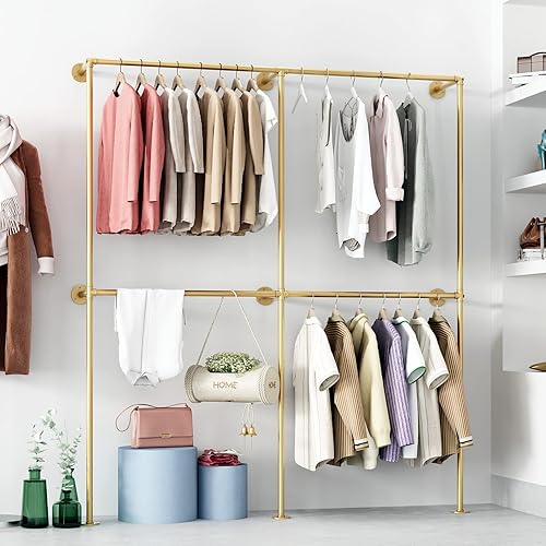 Miniatura 5 de IronJiaZu Percheros de Ropa de Tubería Dorada para Montaje en Pared Perchero de Ropa Dorado, Percheros de Ropa de Tubería Industrial Resistente