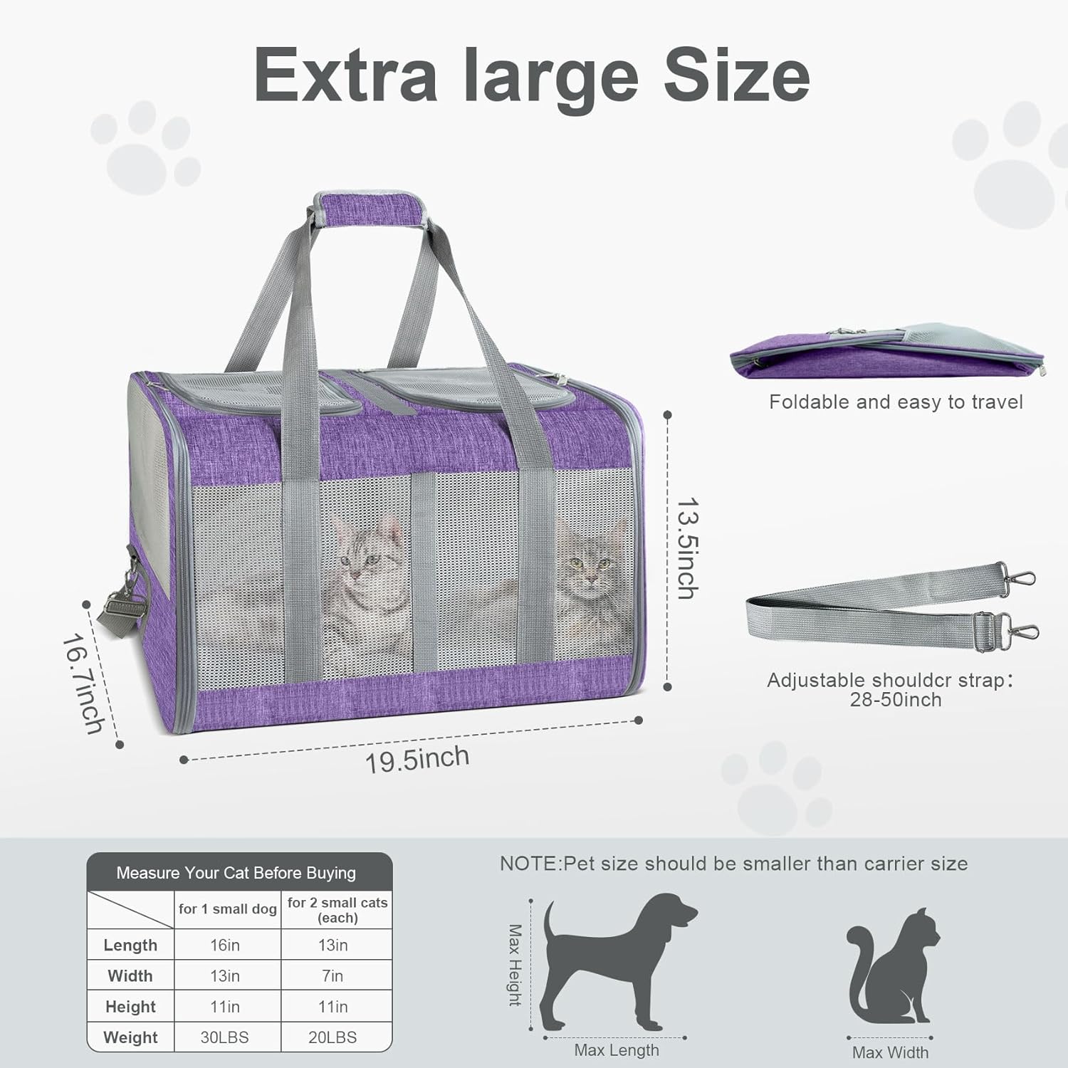 Luxury Soft-Sided Cat Carrier for 2 Cats – Airline Approved, Durable & Comfortable Travel Bag for Small to Large Cats – Perfect for Long Car Trips & Flights (Purple)