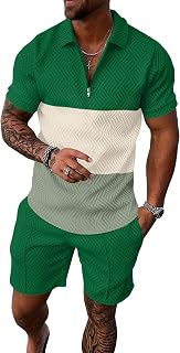 Mens Summer Track Suits 2 Piece Shorts Sets Short Sleeve Sweatsuit Outfits 1/4 Zip Golf Polo Splicing Striped Shirts