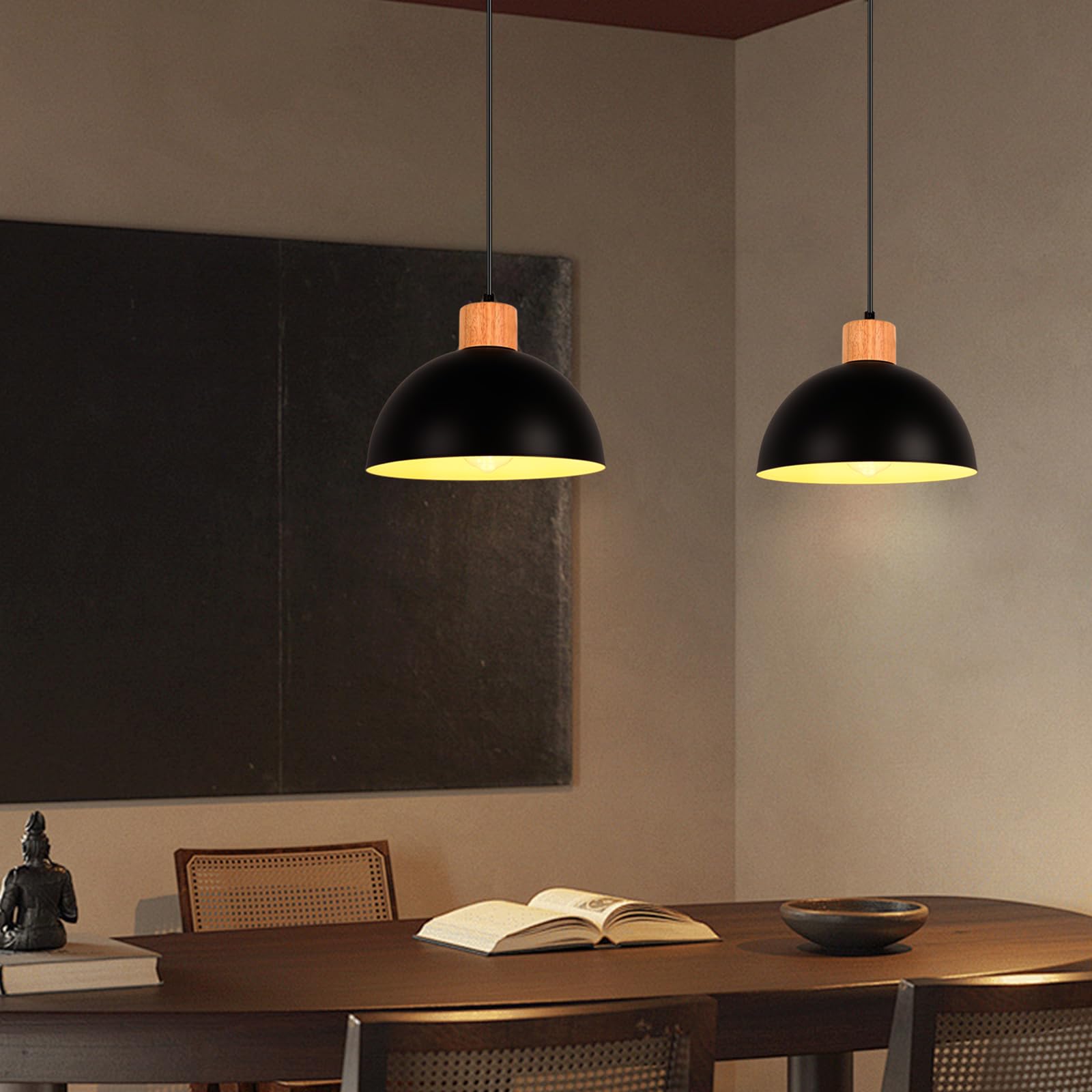 iDEGU Zestaw 2 żyrandoli wiszących w stylu retro, nowoczesny styl, półokrąg, lampa sufitowa E27, drewniana metalowa lampa wisząca do jadalni, kuchni, salonu, sypialni, Ø 25 cm (czarna)