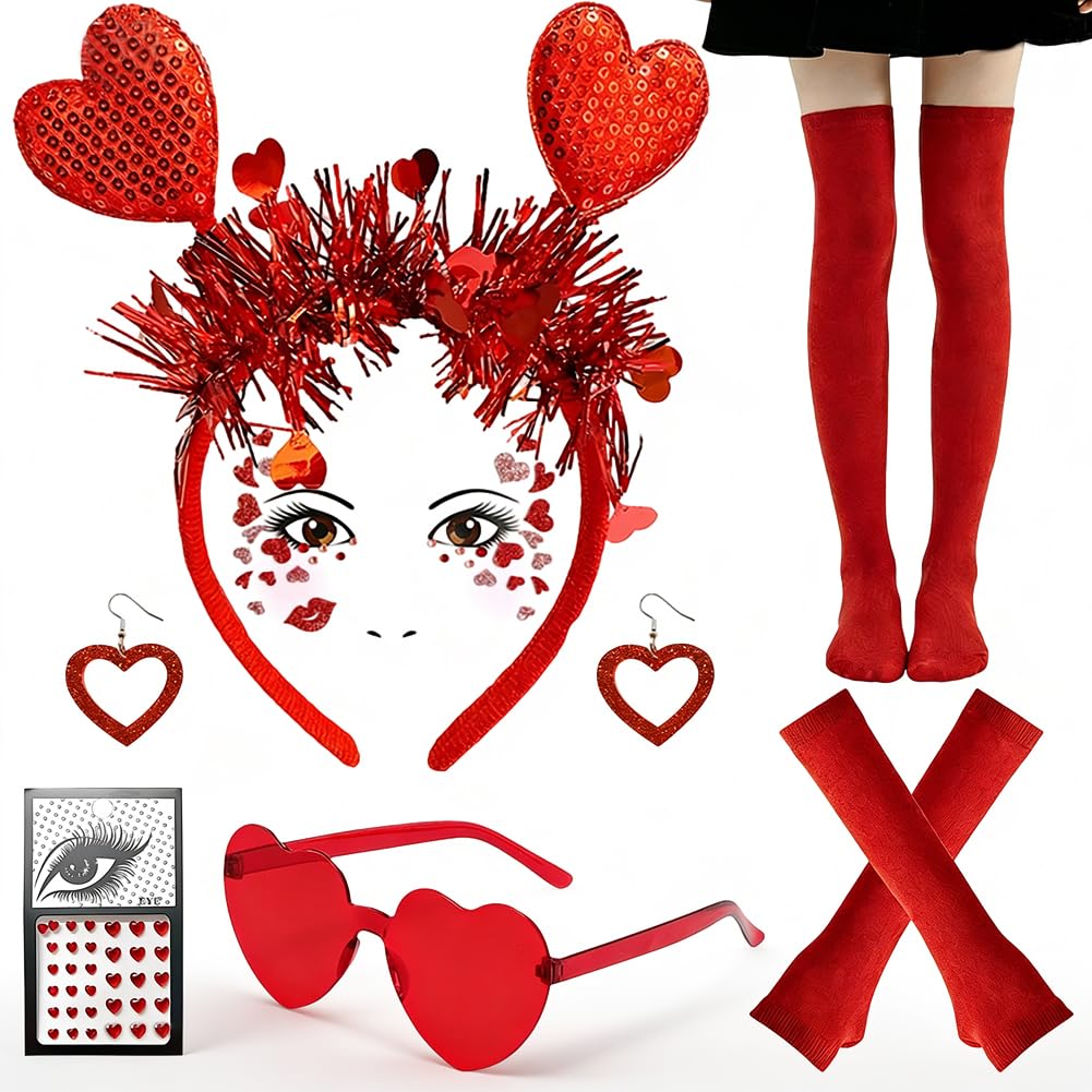 Valentine's Day Costume, Heart-Shaped Headbands, Heart-Shaped Glasses, Red Earrings, Face Glitter Tattoos, Knee-High Socks