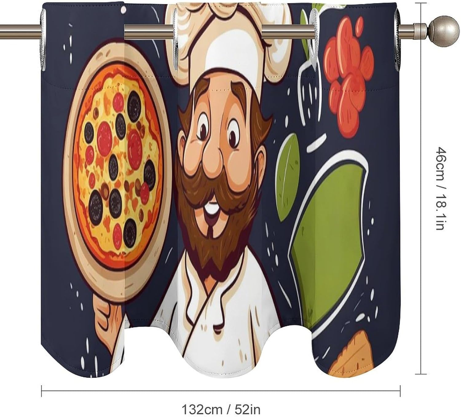 Chef Pizza Valance for Windows, 2 Pack Kitchen Curtains Modern Home Decor, Soft Blackout Window Curtains for Living Room & Bedroom, 18 X 52 Inch