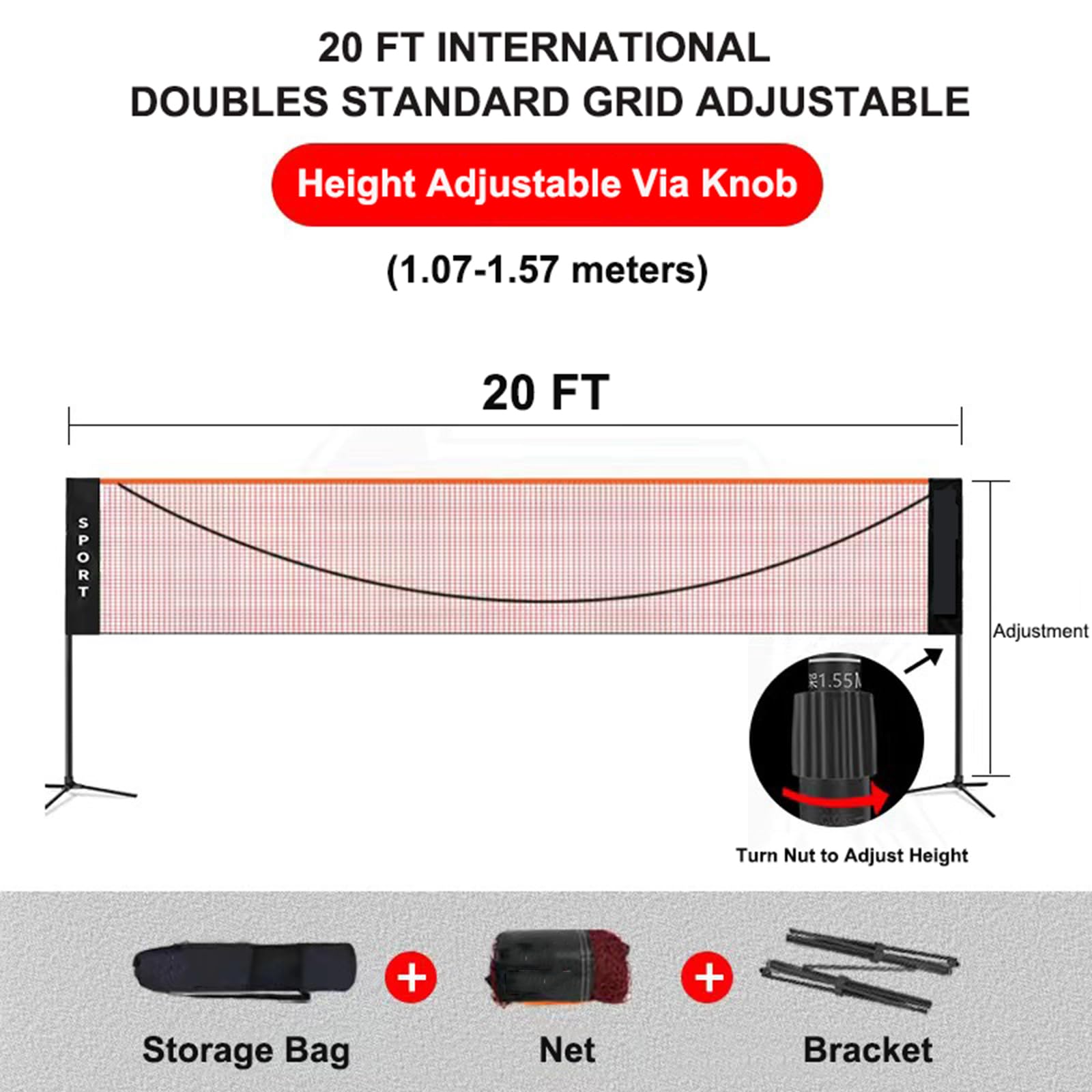 Red de bádminton, red de voleibol ajustable en altura de 1,07-1,57 m, red de pickleball plegable de 20 pies de ancho, juego de red de tenis portátil con postes, soporte y bolsa de transporte