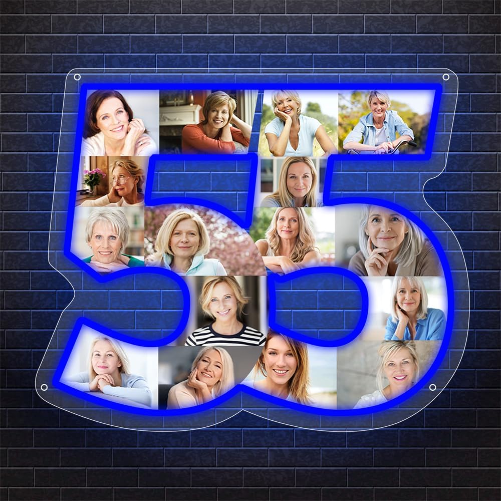 Personalized 1-99 Birthday Number Photo Collage 55 Neon Sign, Fifty 55 Year Old Birthdays Neon Light Sign, 55th Happy Birthday Party Wall Decoration, Anniversary Chrismas Birthday Gifts