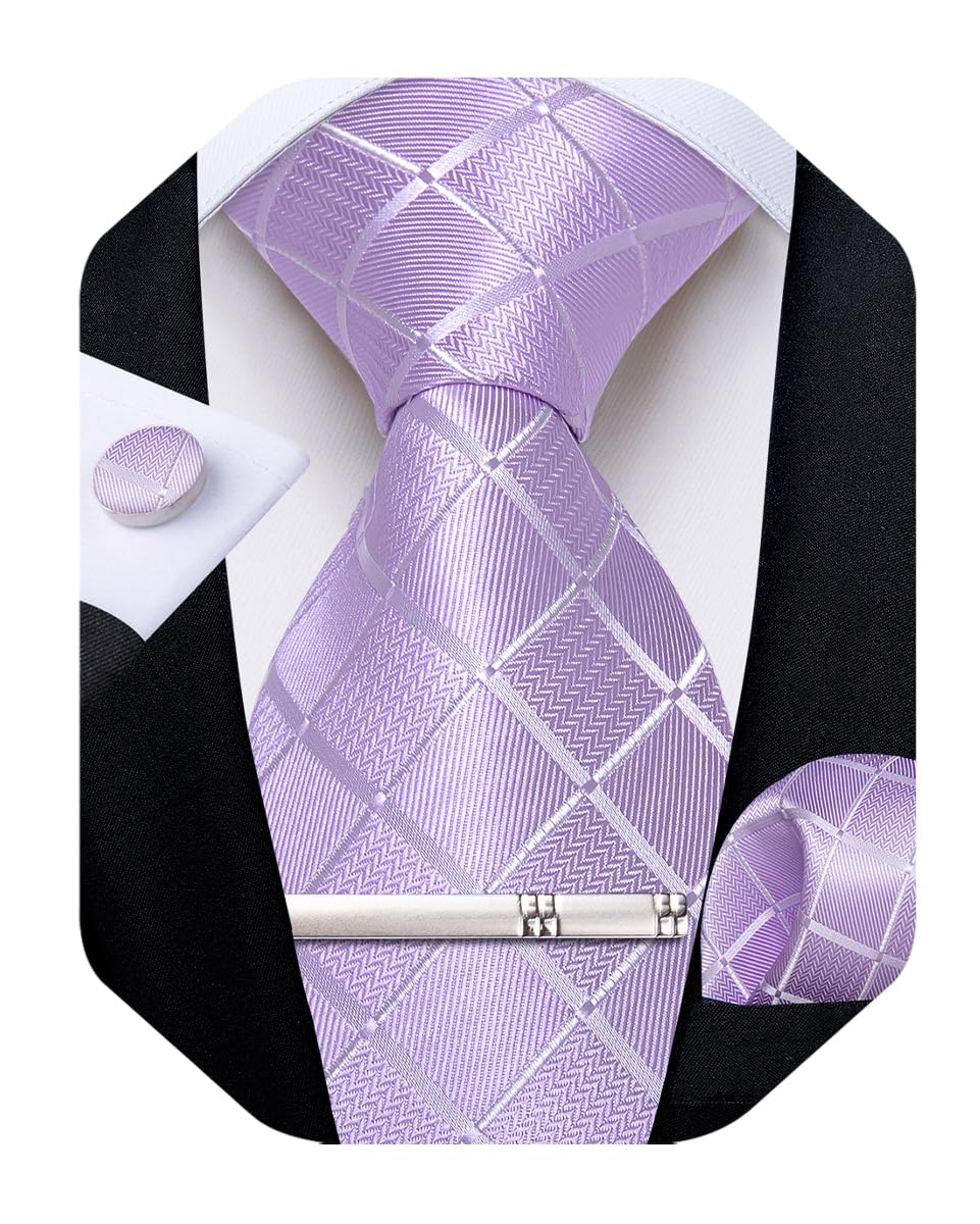 DiBanGu Mens Silk Plaid Tie and Pocket Square Set