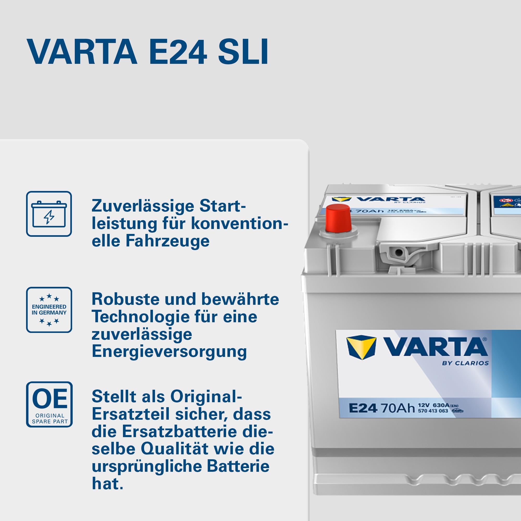 VARTA Automotive DYNAMIC SLI (E24) 12V 70Ah 630A - Nassbatterie KFZ mit Standardausstattung & ohne Start-Stopp System - Starterbatterie für einfachen Energiebedarf - Bleisäurebatterie wartungsfrei