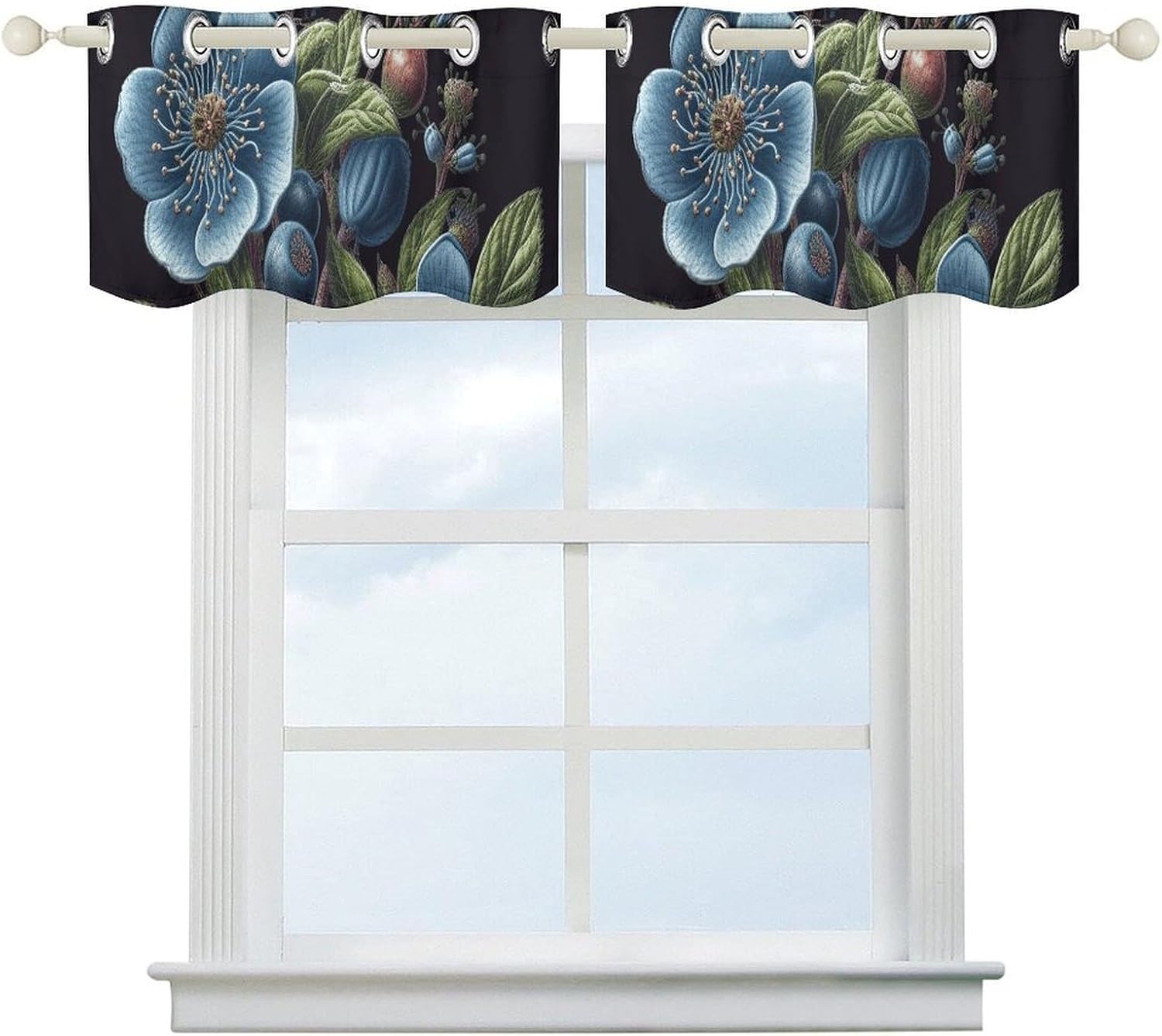 Blueberry Applique Valance for Windows, 2 Pack Kitchen Curtains Modern Home Decor, Soft Blackout Window Curtains for Living Room & Bedroom, 18 X 52 Inch