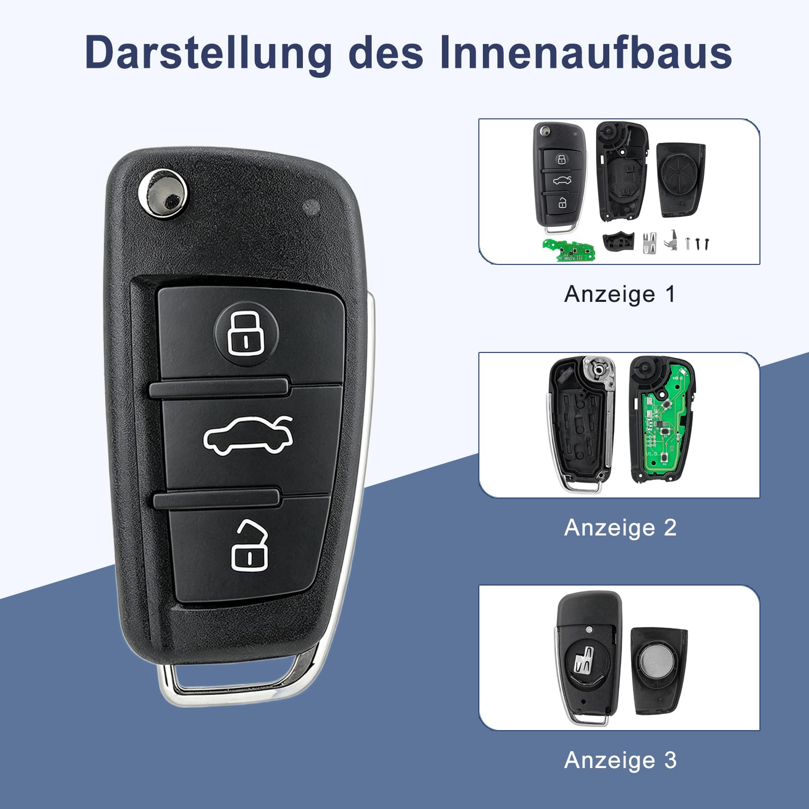 Funkschlüssel 433MHz für Audi A3 A4 A5 A6 A6L A8 Q3 Q5 Q7 TT S3 S4 S5 RS B6 B7 C5 C6, Autofernschlüssel ID48, Kompatibel mit 8P0837220D 8P0837220Q 8P0837220K