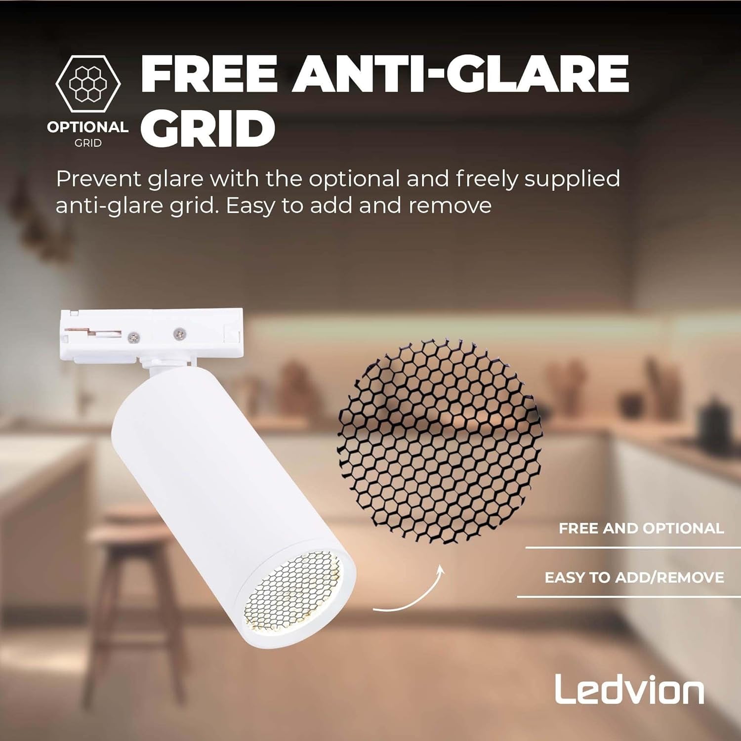 Image showing an optional anti-glare grid for Ledvion spotlights, a honeycomb-like insert that can be placed into the spotlight to reduce glare.