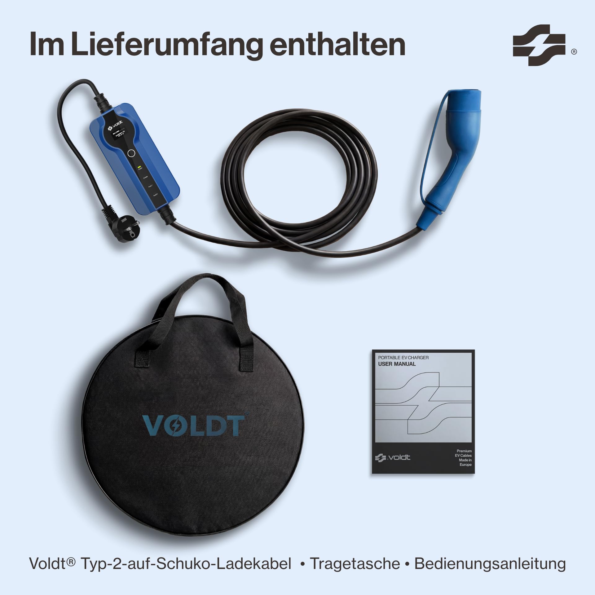 VOLDT Typ 2 Ladekabel Schuko 3,7 kW, 1-phasig, 8A - 16A, verstellbare EV-Ladegerät mit steuerbarer Digitalanzeige für Elektroauto, Ladekabel für Elektrofahrzeuge, IP67 wasserdich