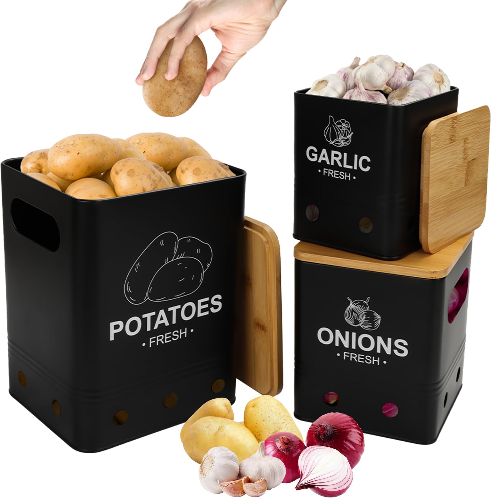 Lot De 3 Boîtes De Rangement Pour Pommes De Terre, Oignons Et Ail - Couvercle Bambou Noir - Conservation Fraîcheur