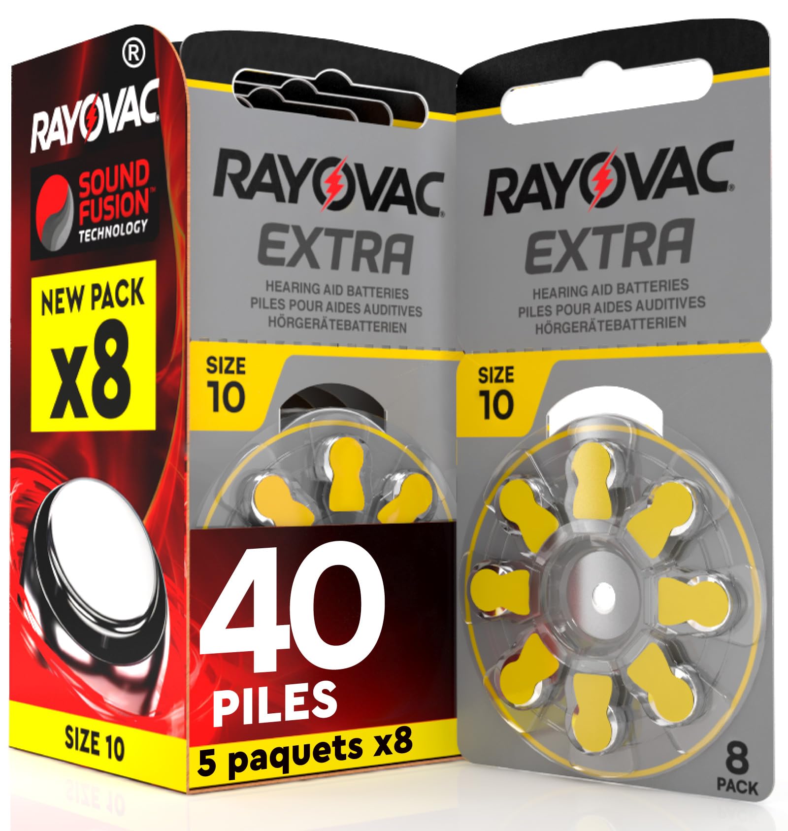 40 Piles Auditives Rayovac Extra 10 Jaune PR70 Udivita - 5 Blisters de 8 Piles