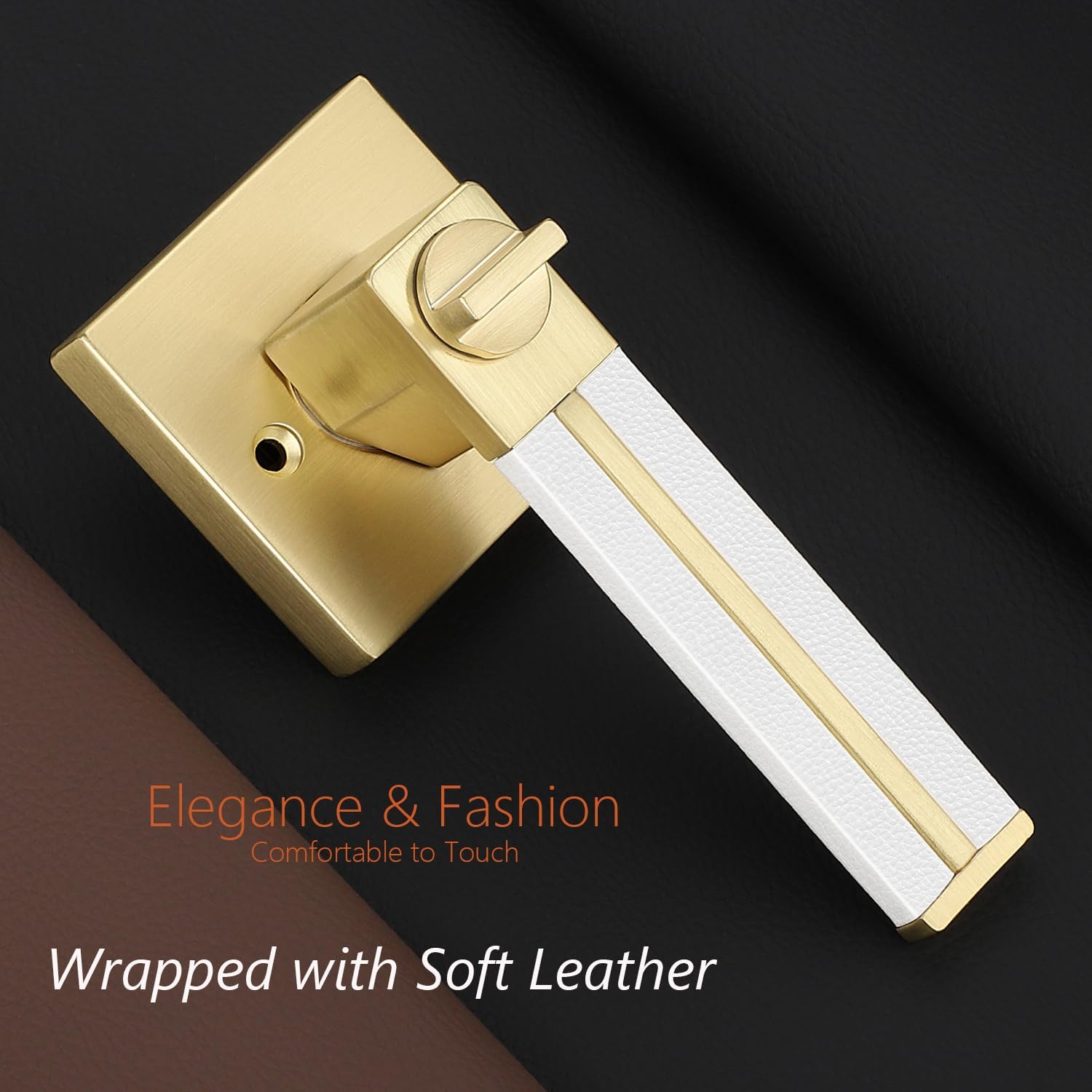 EHOMEWARE 2 Pack Gold Door Handles, Brass Interior Door Levers with White Leather Handle, Privacy Door Locks Locksets for Bedroom Bathroom, Reversible Door Knobs for Right or Left Handed Doors 2 Pack Privacy Door Handle - No Key