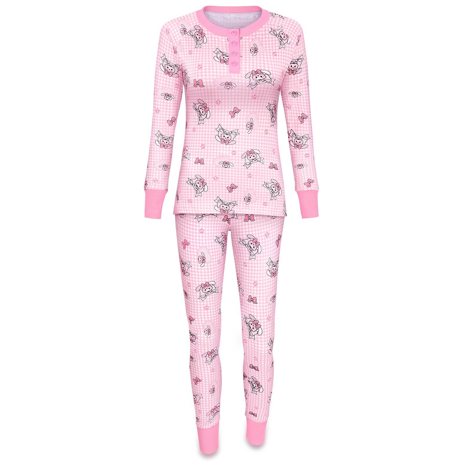 LittleForBig Damen Seidige Lange Ärmel Kuschelig Atmungsaktiv Hasen & Schleifchen Schlafanzug Set Zweiteilig Weich Stretchy Nachtwäsche