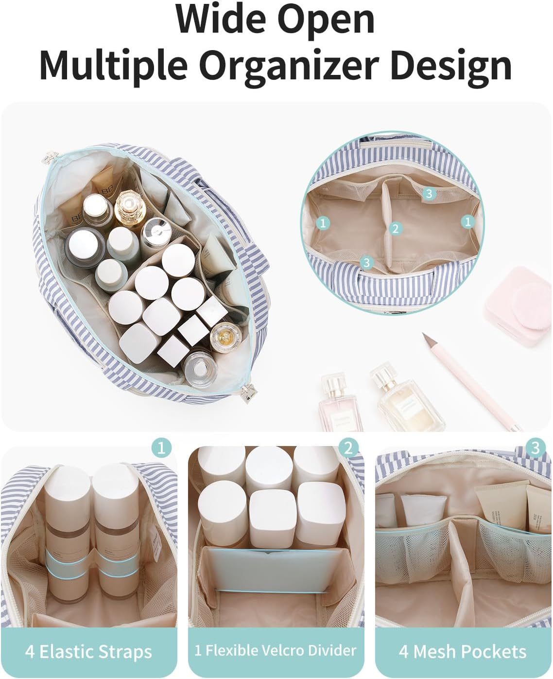 Narwey Travel Toiletry Bag for Women, Striped Large Makeup Bag, Wide-open Cosmetic Make Up Organizer with Handle, Travel Bag for Toiletries, Essentials, Accessories (Greyish Blue Stripe) - Image 2