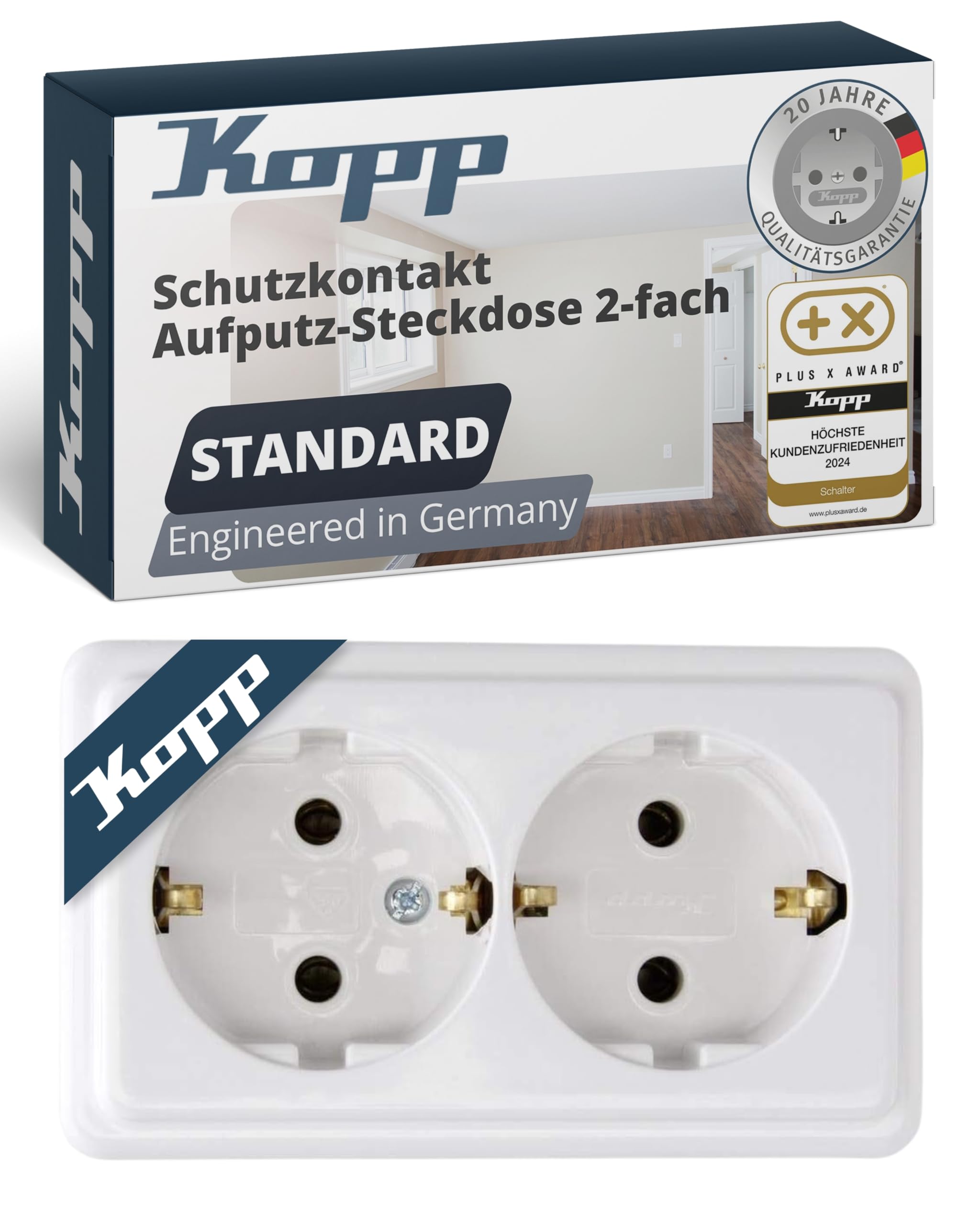 Kopp STANDARD 2-fach Schutzkontakt-Steckdose in Arktis-Weiß - Aufputz-Steckdose inkl. Zugentlastung - IP20 Doppelsteckdose-Aufputz für Keller, Werkstatt & Garage - Feuchtraum-Wandsteckdose 16A / 250V~