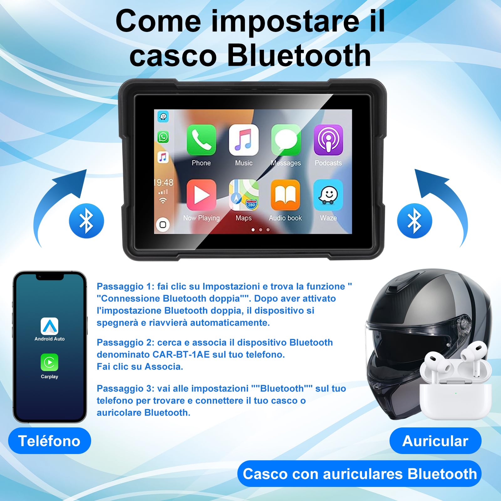 GuKKK Carpuride Pantalla CarPlay GPS para Motocicleta de 5 Pulgadas, CarPlay inalámbrico y Android Auto para Motocicletas, IP67 a Prueba de Agua,Admite Bluetooth Dual TF64, Navegación GPS Moto