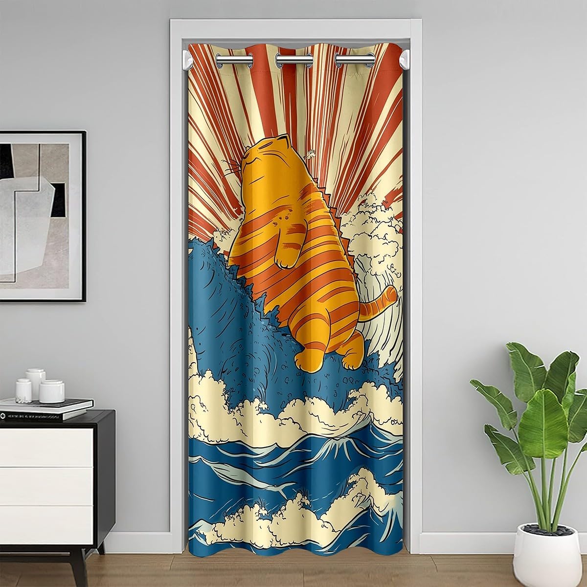 jejeloiu Cat Door Curtain for Doorway Privacy 42x80 Inch Japanese Wave Closet Cover Kids Boys Girls Japan Monster Dinosaur Room Divider Curtain for Bedroom for Funny Cats Lover Kitten