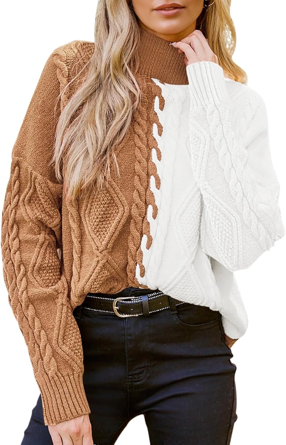 Pink Queen Women's Chunky Sweaters 2025 Fall Winter Long Sleeve Mock Neck Cable Knit Colorblock Pullover Jumper Tops