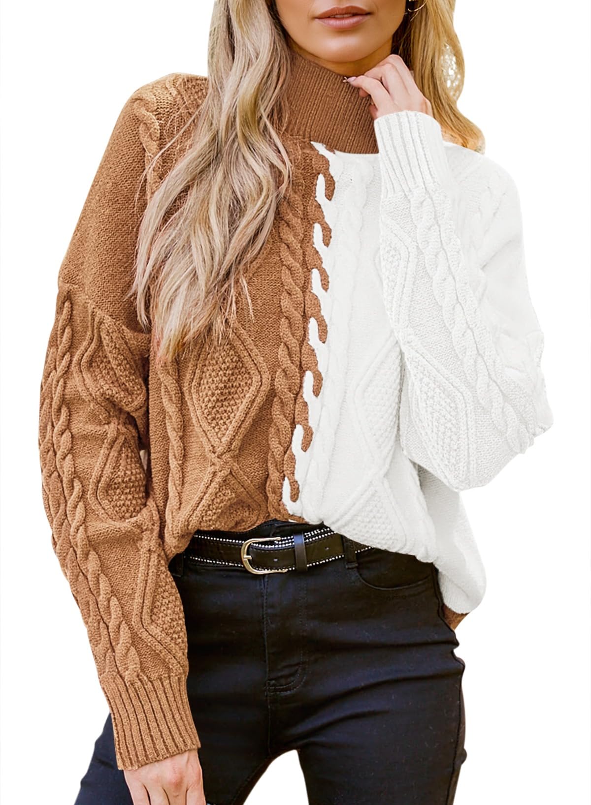 Pink Queen Womens Chunky Sweaters 2025 Fall Winter Long Sleeve Mock Neck Cable Knit Colorblock Pullover Jumper Tops