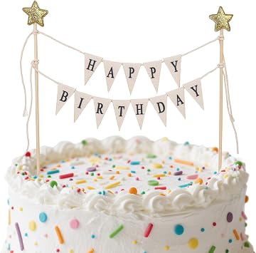 Happy Birthday Flag Banner Cake Topper, Handmade Pennant & Star Garland Birthday Cake Flag Decoration for Party Decorations Supplies