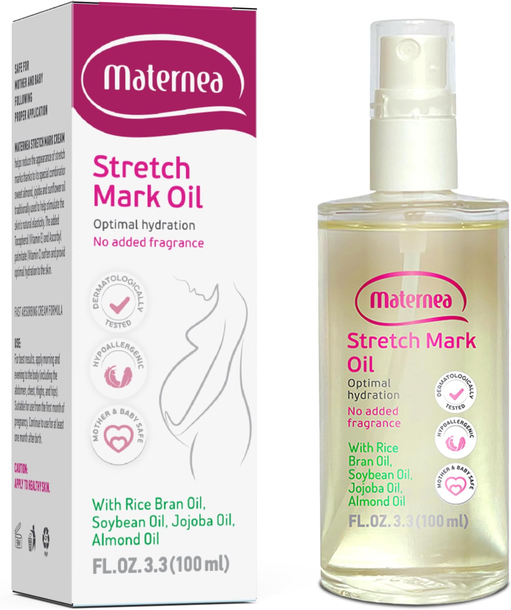 Stretch Mark Oil - Soothing Massage Oil Pregnancy Stretch Mark Prevention with Rice Bran, Soybean, Almond & Jojoba Extract - Skin-Safe, Perfume-Free Pregnancy Care - Maternea (100ml)