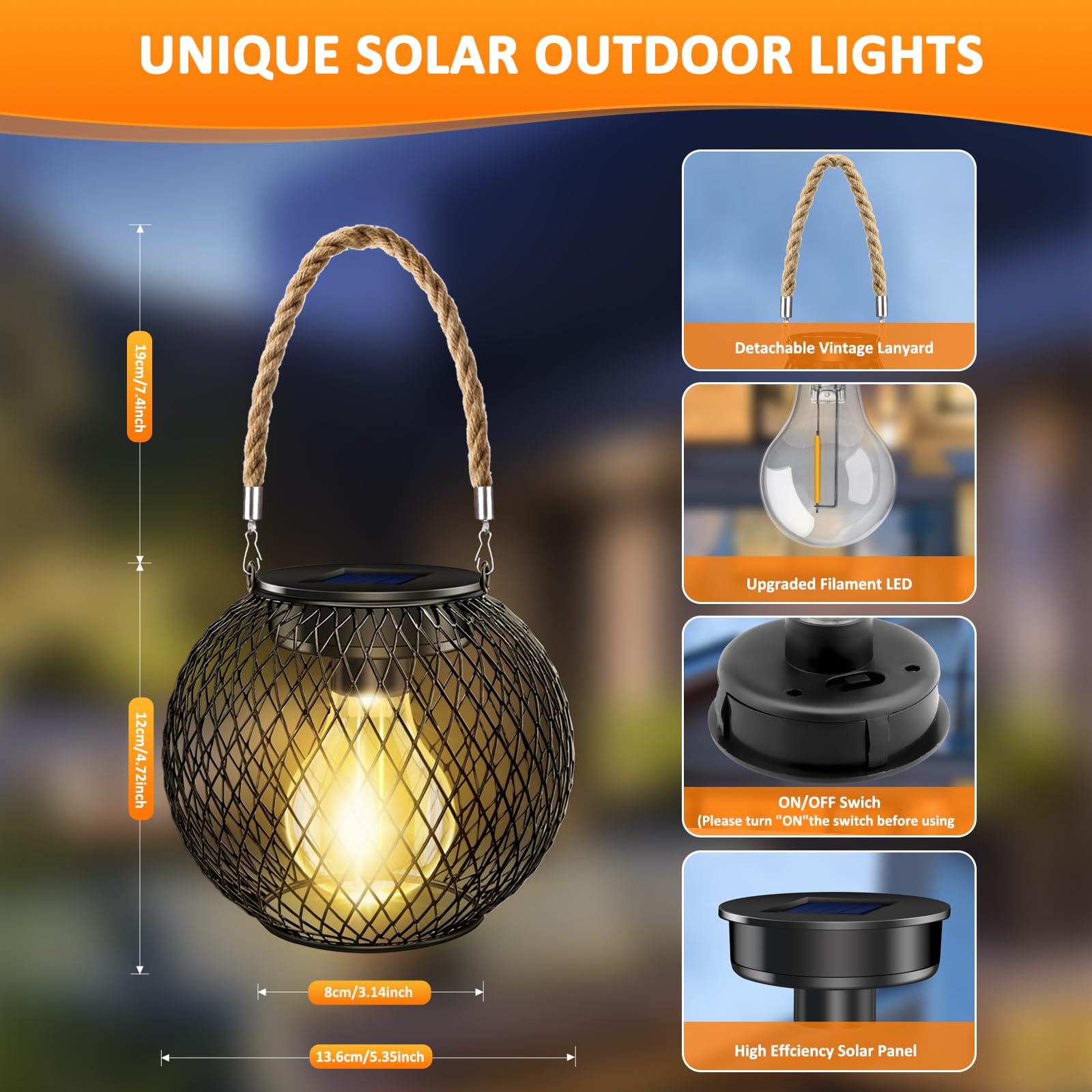 Liuyife Metal Solar Lantern Waterproof IP65, Auto On Off 2 Pack Hanging Lanterns with Bulbs - Image 2