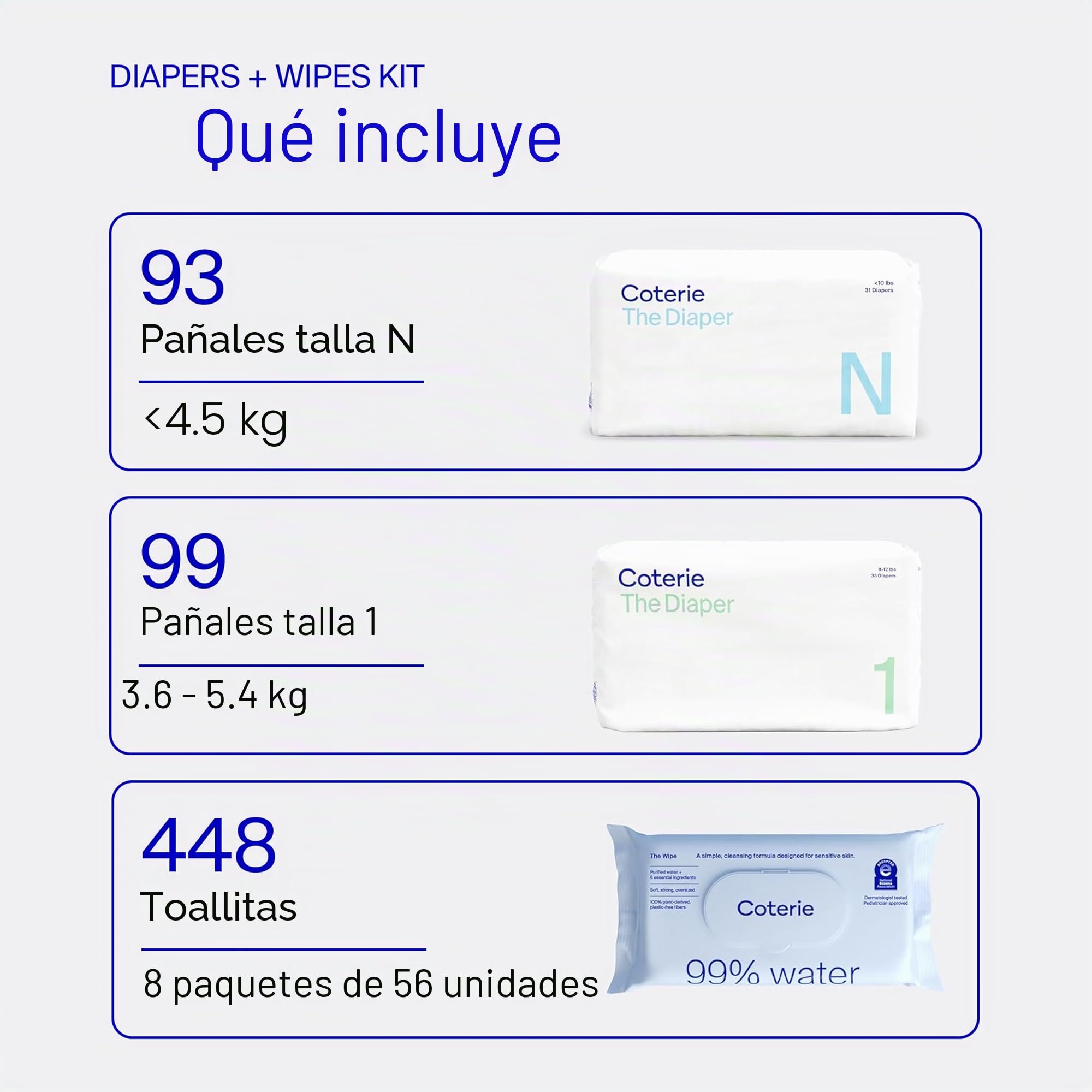 Coterie Kit de toallitas para bebé + pañales, tamaño 1 (99 unidades) y tamaño de pañales para recién nacidos (93 unidades), paquete de 8 (448) toallitas para bebé con 99% de agua, materiales a base de